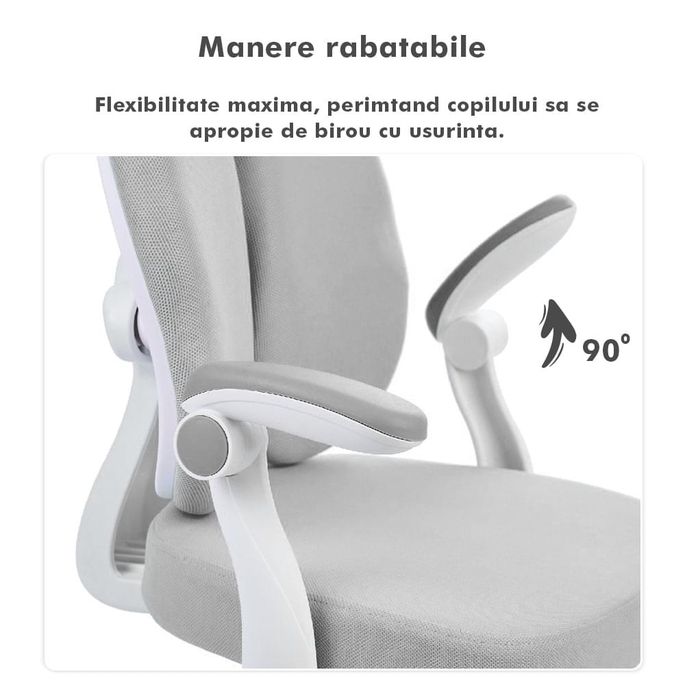 Scaun ergonomic onuvio® reglabil pentru clasele primare - invățarea poziției corecte la birou, suport pentru picioare, manere rabatabile, material rezistent la uzură, murdărie și lichide, cu roti autoblocante - gri