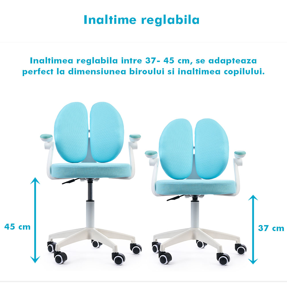 Scaun ergonomic onuvio® reglabil pentru clasele primare - invățarea poziției corecte la birou, suport pentru picioare, manere rabatabile, material rezistent la uzură, murdărie și lichide, cu roti autoblocante - albastru