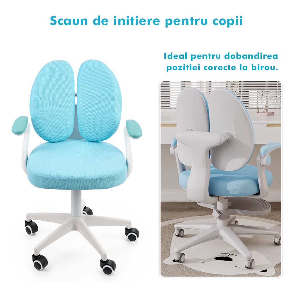 Scaun ergonomic onuvio® reglabil pentru clasele primare - invățarea poziției corecte la birou, suport pentru picioare, manere rabatabile, material rezistent la uzură, murdărie și lichide, cu roti autoblocante - albastru