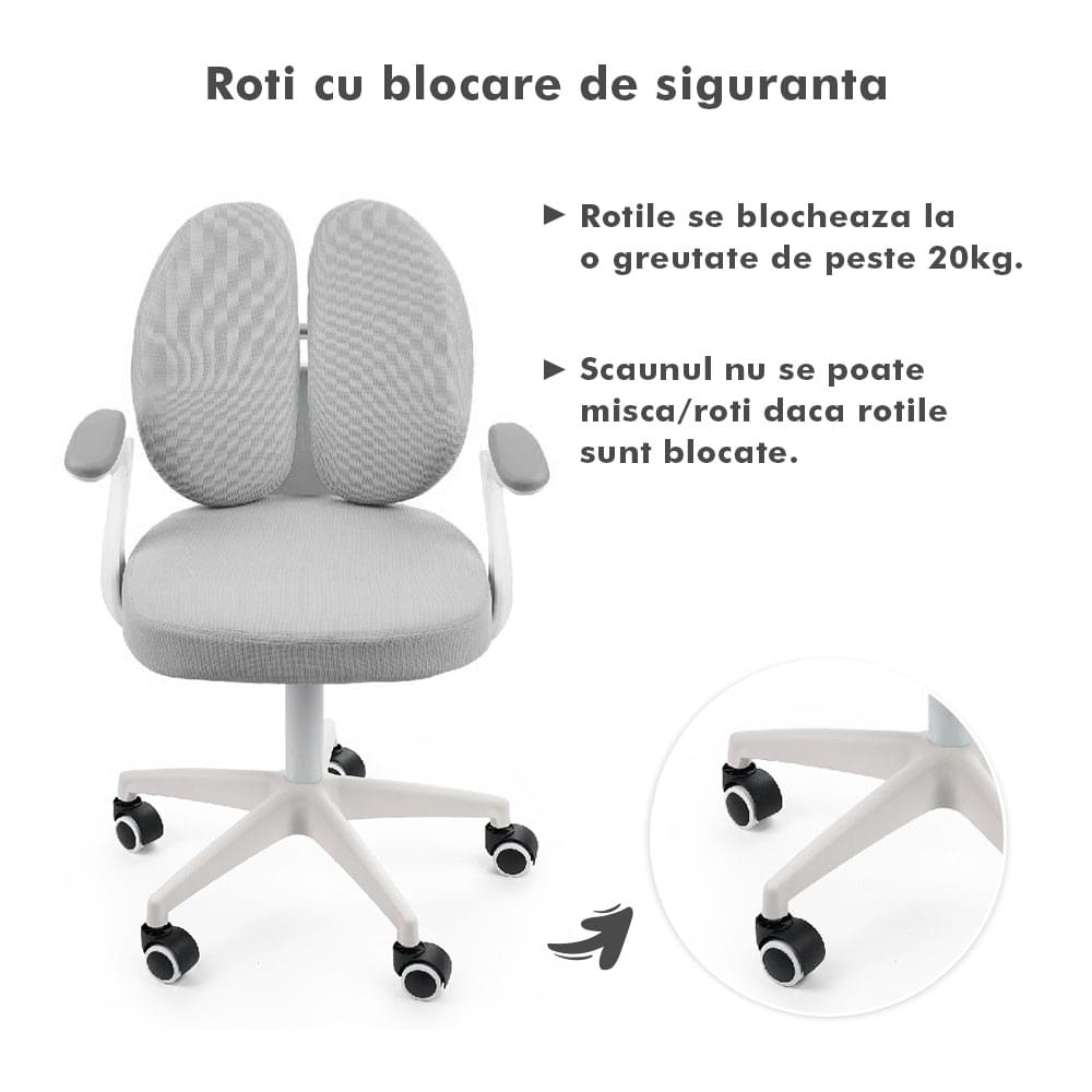 Scaun ergonomic onuvio® reglabil pentru clasele primare - invățarea poziției corecte la birou, suport pentru picioare, manere rabatabile, material rezistent la uzură, murdărie și lichide, cu roti autoblocante - gri