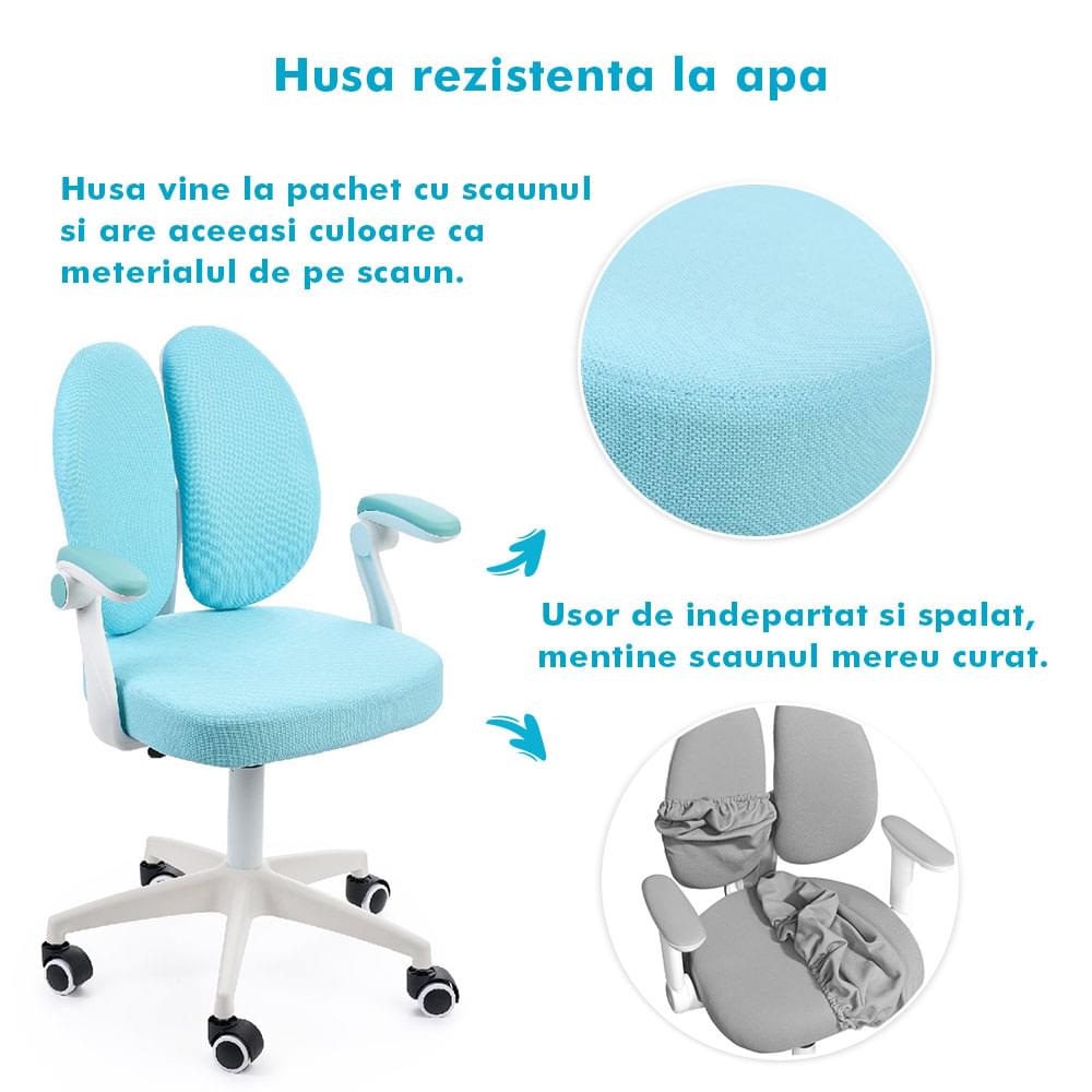 Scaun ergonomic onuvio® reglabil pentru clasele primare - invățarea poziției corecte la birou, suport pentru picioare, manere rabatabile, material rezistent la uzură, murdărie și lichide, cu roti autoblocante - albastru