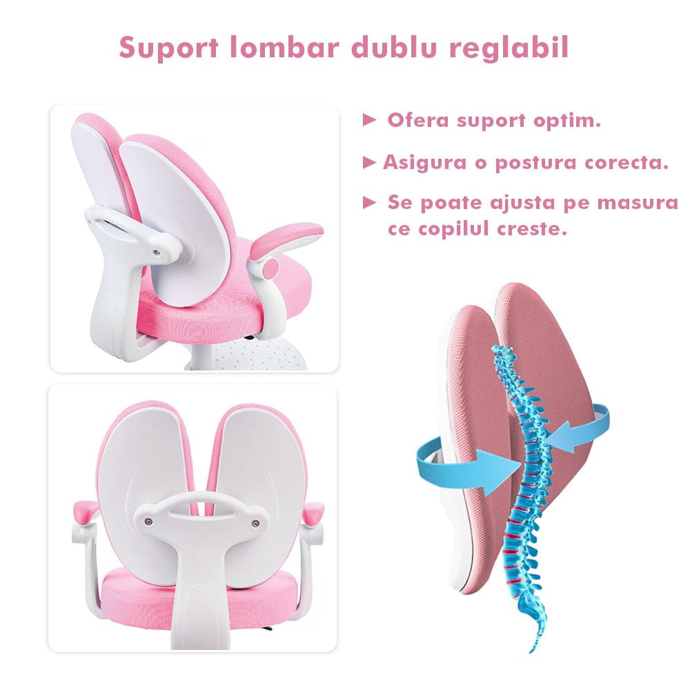 Scaun ergonomic onuvio® reglabil pentru clasele primare - invățarea poziției corecte la birou, suport pentru picioare, manere rabatabile, material rezistent la uzură, murdărie și lichide, cu roti autoblocante - roz