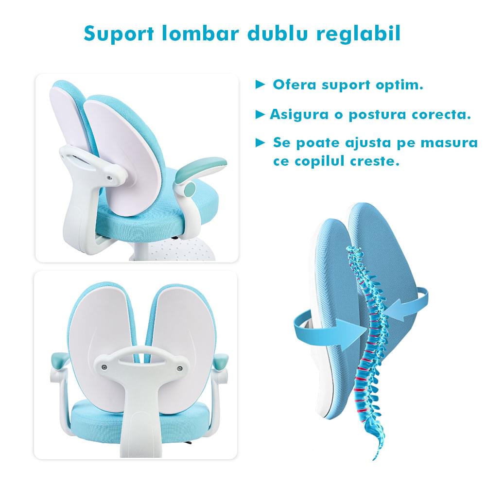 Scaun ergonomic onuvio® reglabil pentru clasele primare - invățarea poziției corecte la birou, suport pentru picioare, manere rabatabile, material rezistent la uzură, murdărie și lichide, cu roti autoblocante - albastru