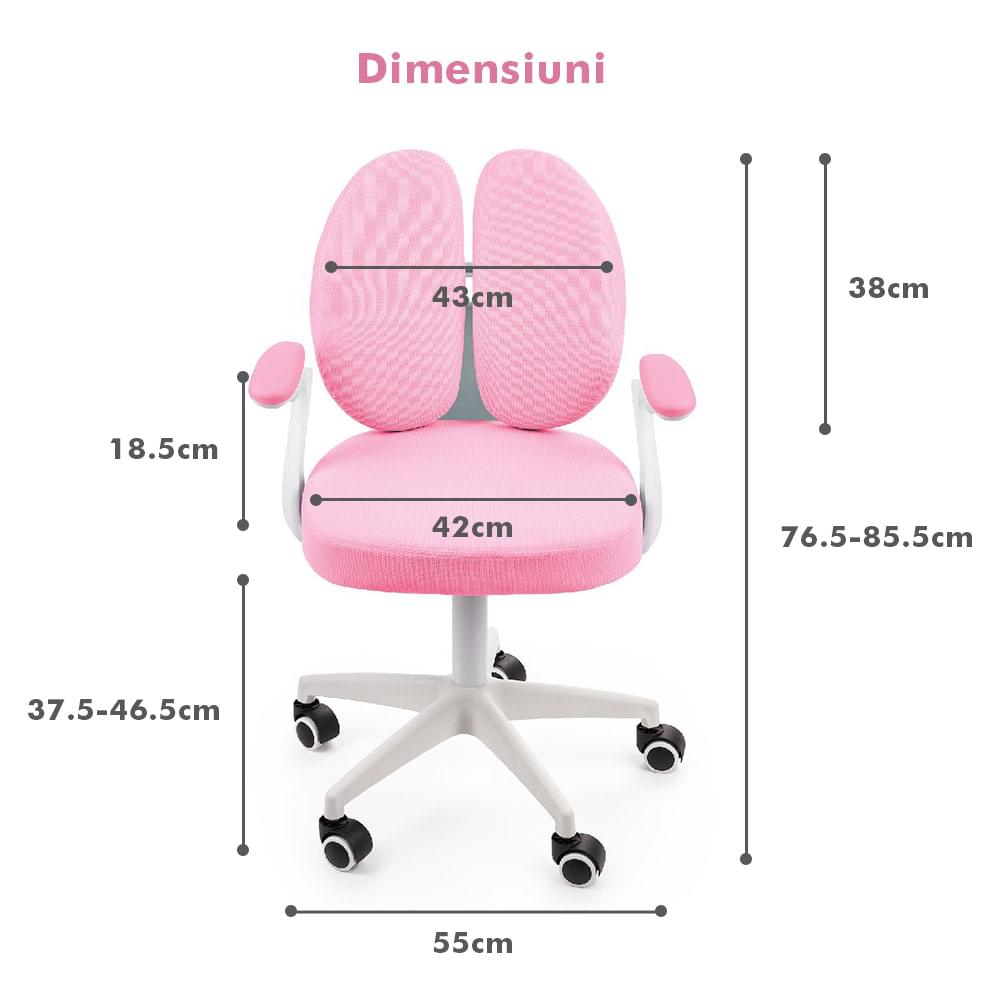 Scaun ergonomic onuvio® reglabil pentru clasele primare - invățarea poziției corecte la birou, suport pentru picioare, manere rabatabile, material rezistent la uzură, murdărie și lichide, cu roti autoblocante - roz