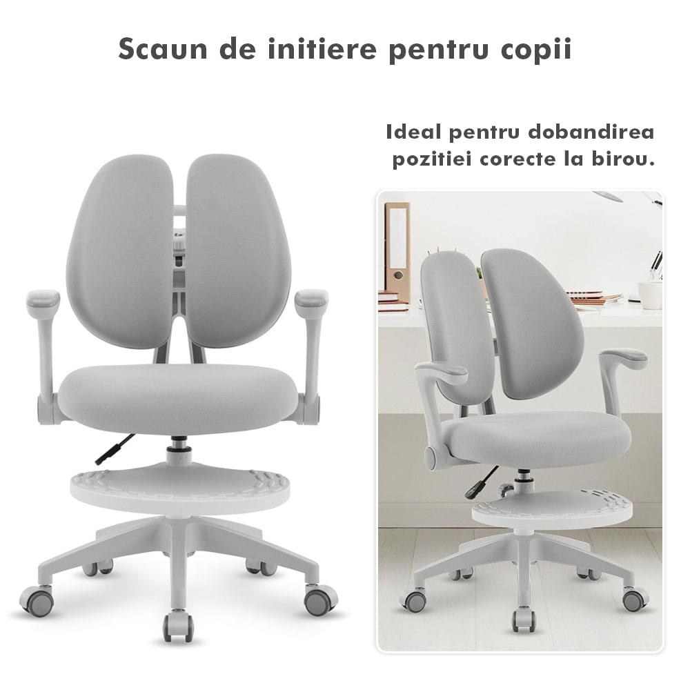 Scaun ergonomic onuvio® reglabil pentru clasele primare - invățarea poziției corecte la birou, suport pentru picioare, manere rabatabile, material rezistent la uzură, murdărie și lichide, cu roti autoblocante - gri