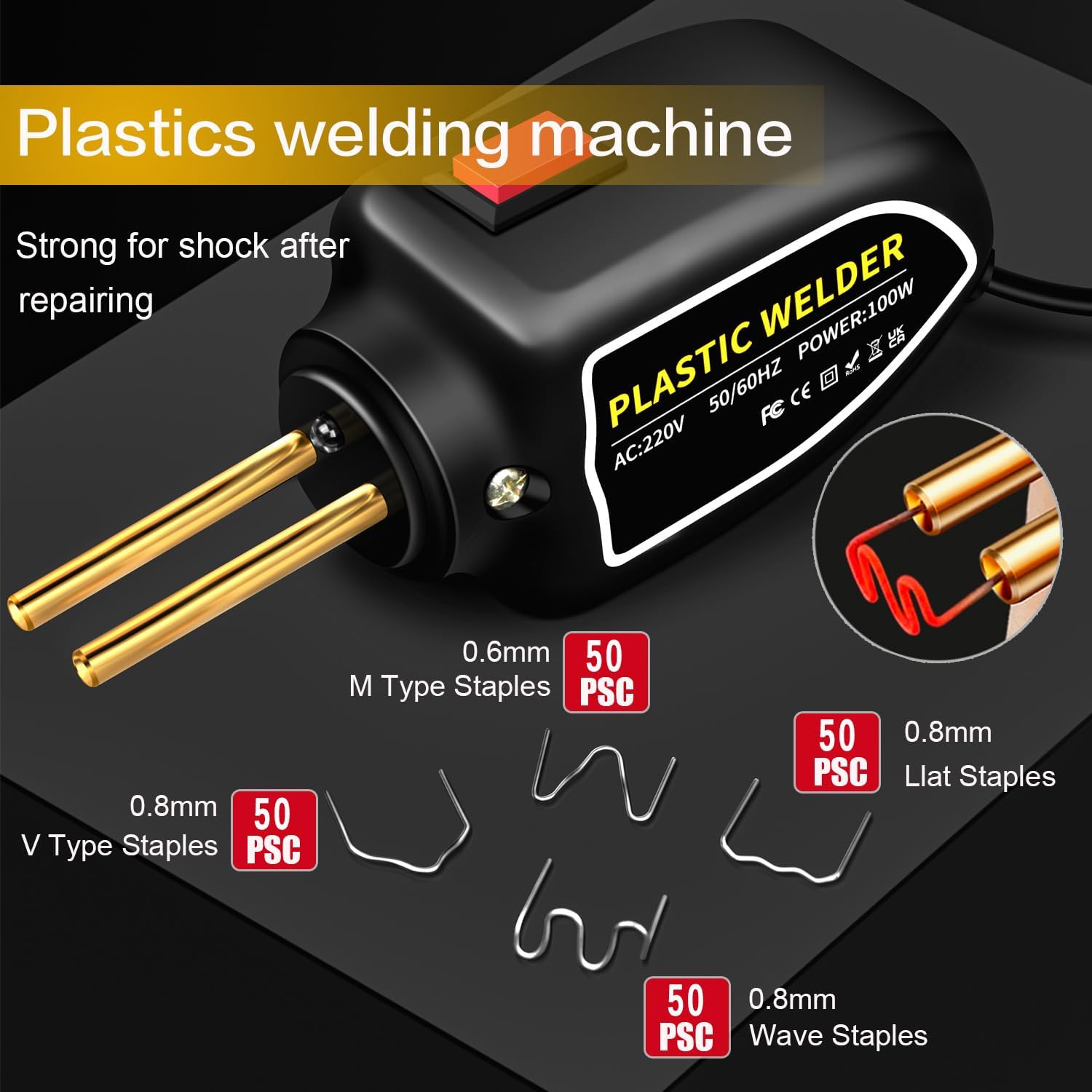 Set pistol 100w și capse pentru lipit plastic onuvio™, trusa pentru sudat plastic, kit pentru repararea fisurilor din plastic pentru bare auto, 200 capse si geanta transport inclusa
