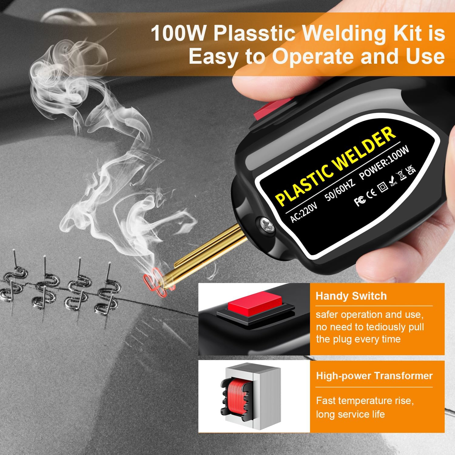 Set pistol 100w și capse pentru lipit plastic onuvio™, trusa pentru sudat plastic, kit pentru repararea fisurilor din plastic pentru bare auto, 200 capse si geanta transport inclusa