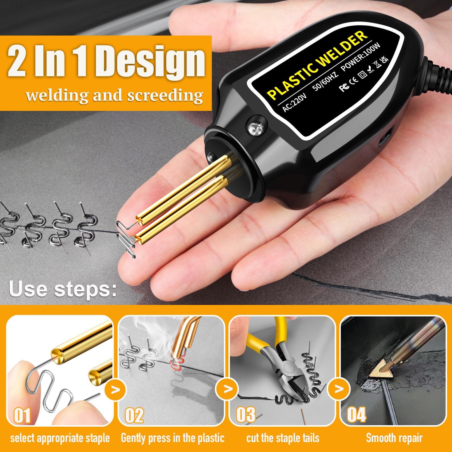 Set pistol 100w și capse pentru lipit plastic onuvio™, trusa pentru sudat plastic, kit pentru repararea fisurilor din plastic pentru bare auto, 200 capse si geanta transport inclusa