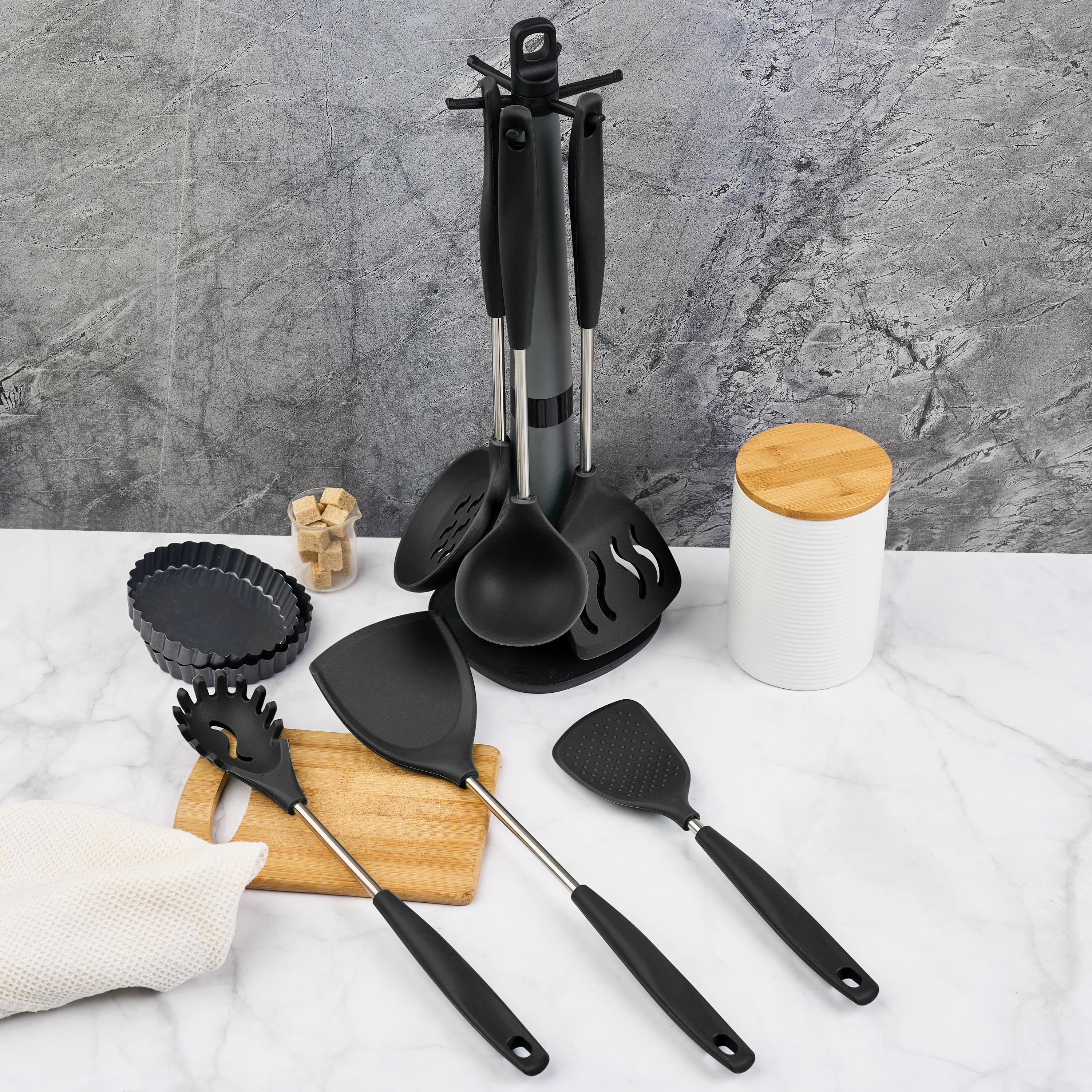 Set 6 ustensile bucătărie din silicon cu suport de blat tip cârlig – termorezistente, antiaderente și fără bpa, onuvio® - negru