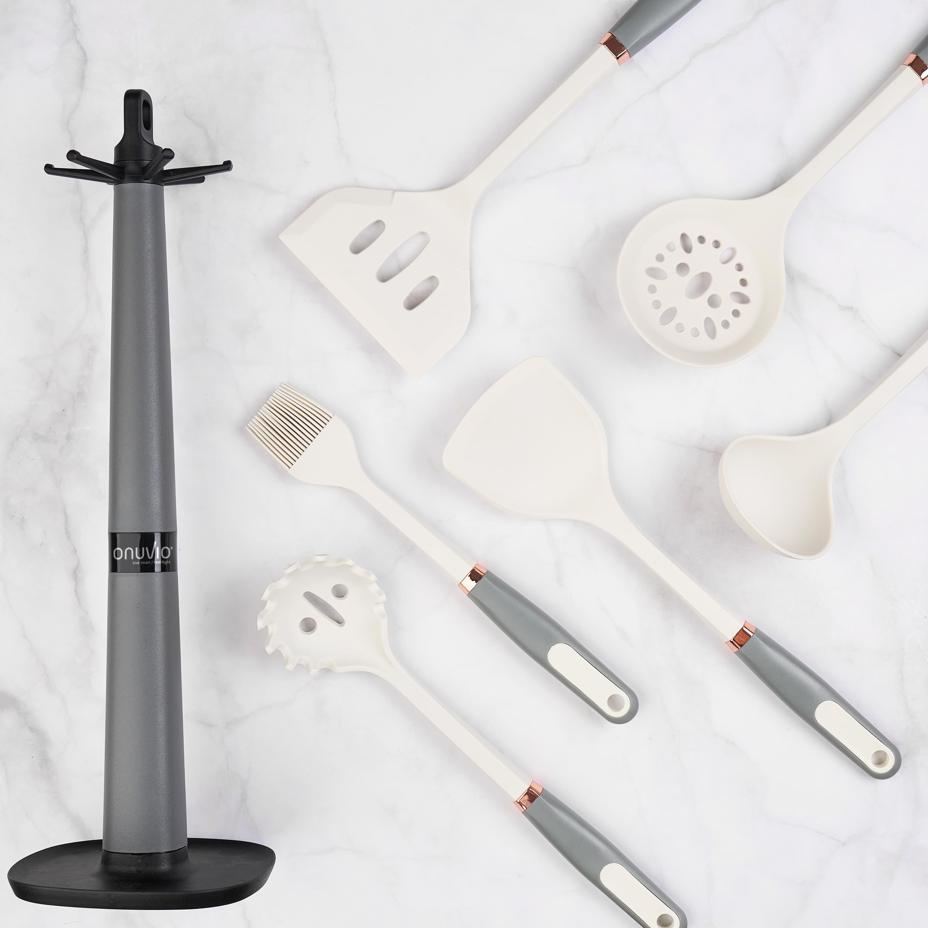 Set 6 ustensile bucătărie din silicon cu suport de blat tip cârlig – termorezistente, antiaderente și fără bpa, onuvio® - alb