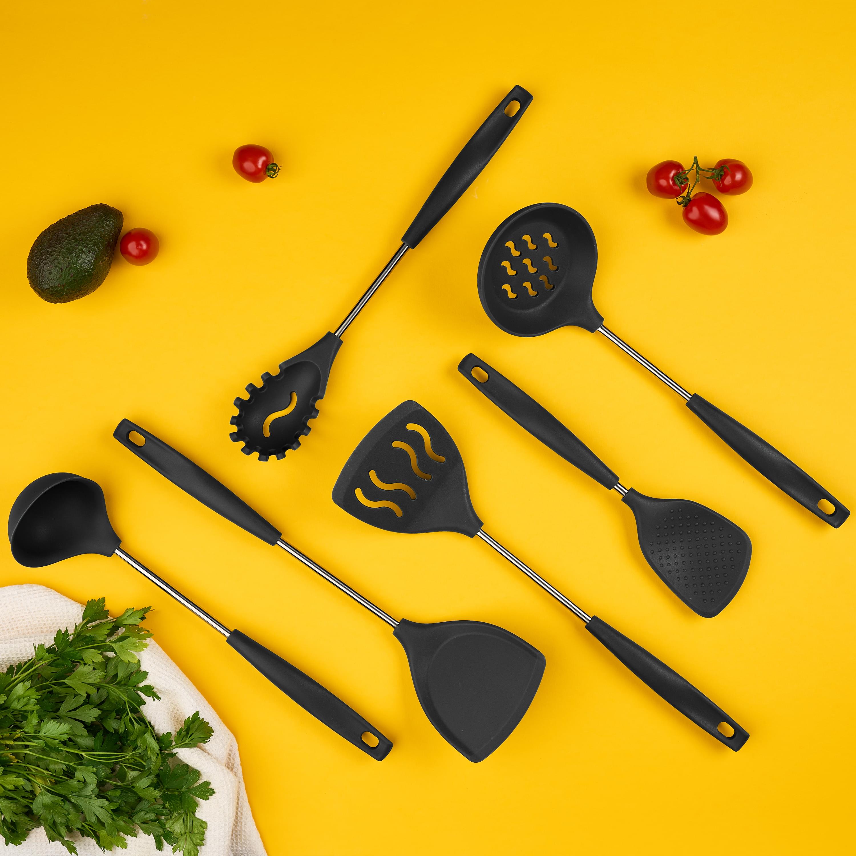 Set 6 ustensile bucătărie din silicon cu suport de blat tip cârlig – termorezistente, antiaderente și fără bpa, onuvio® - negru