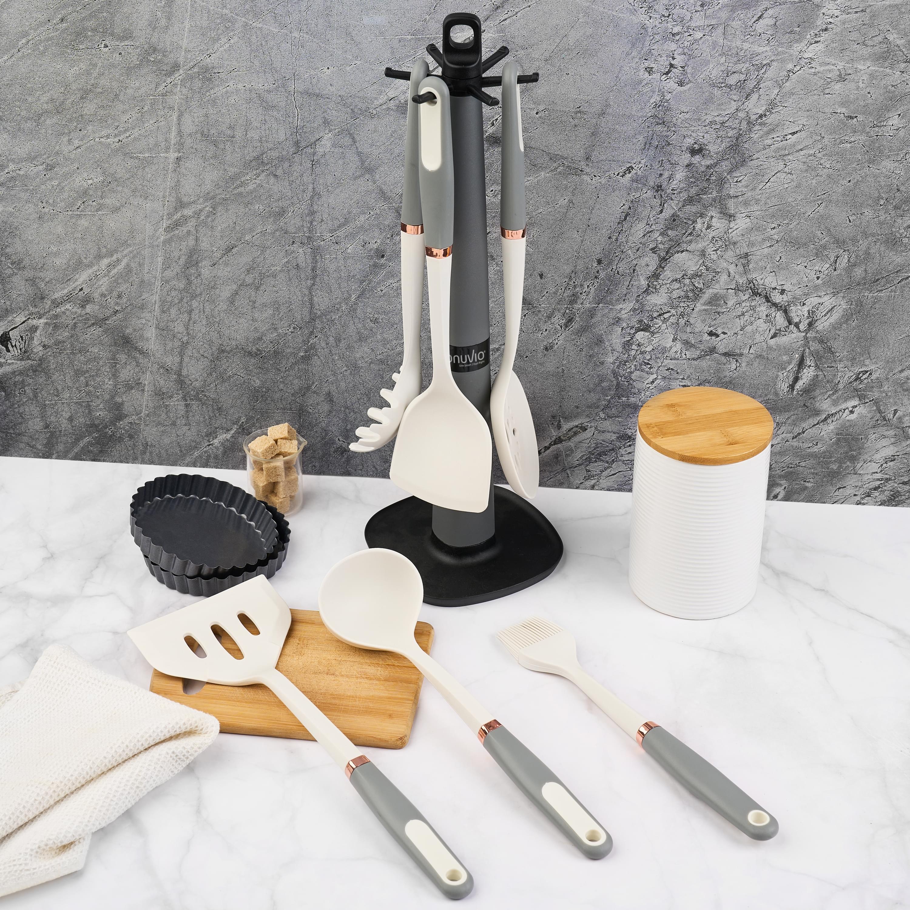 Set 6 ustensile bucătărie din silicon cu suport de blat tip cârlig – termorezistente, antiaderente și fără bpa, onuvio® - alb