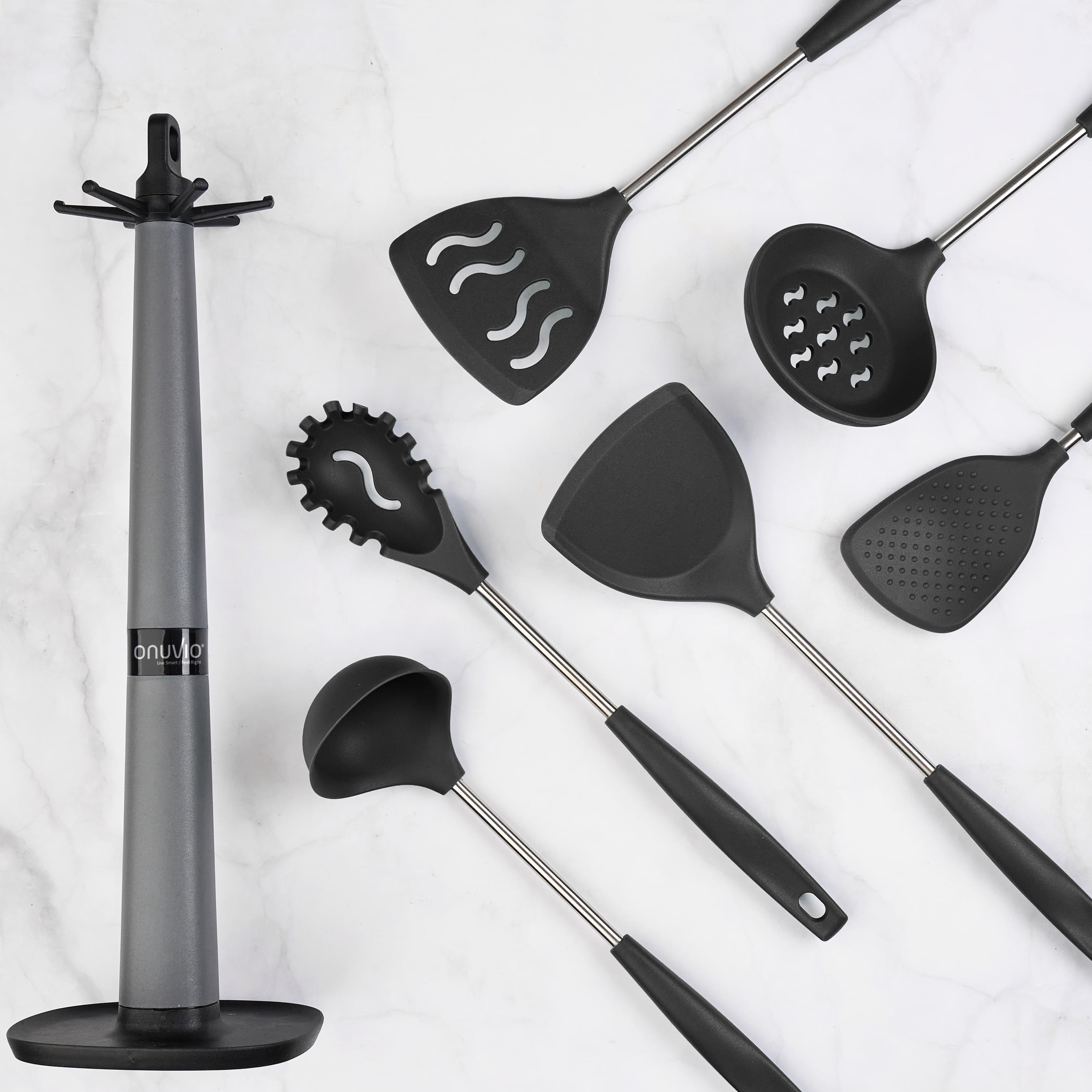 Set 6 ustensile bucătărie din silicon cu suport de blat tip cârlig – termorezistente, antiaderente și fără bpa, onuvio® - negru