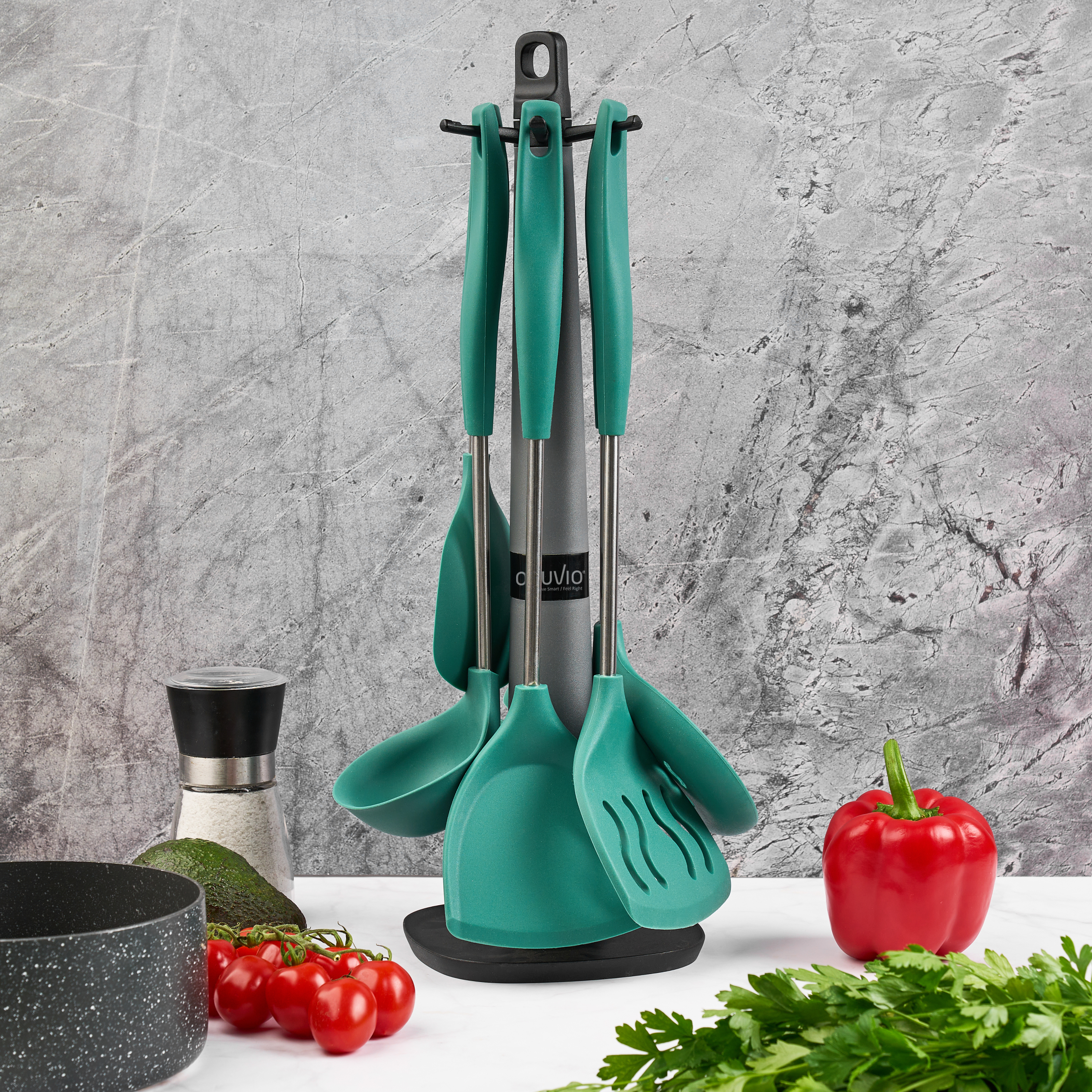 Set 6 ustensile bucătărie din silicon cu suport de blat tip cârlig – termorezistente, antiaderente și fără bpa, onuvio® - verde
