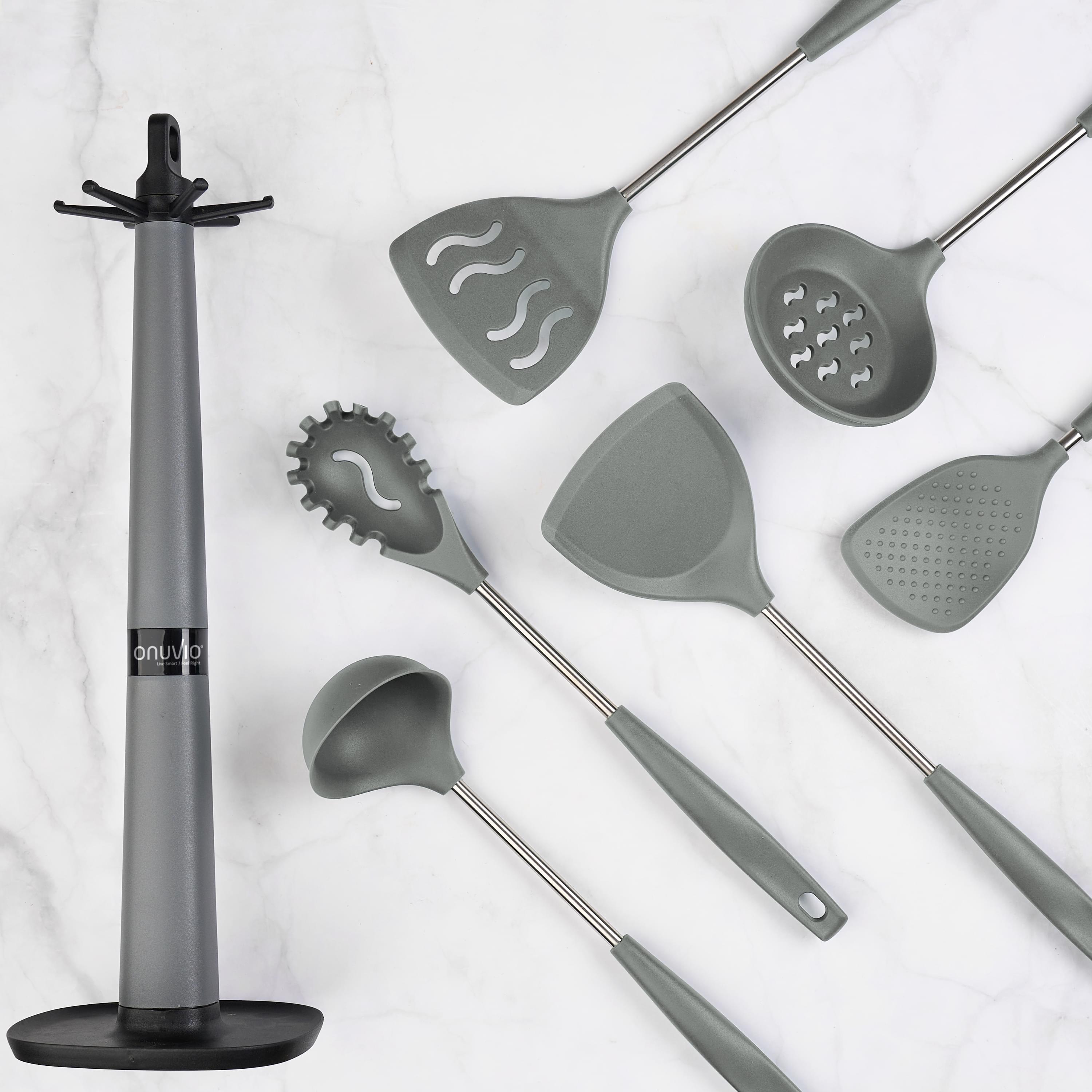 Set 6 ustensile bucătărie din silicon cu suport de blat tip cârlig – termorezistente, antiaderente și fără bpa, onuvio® - gri