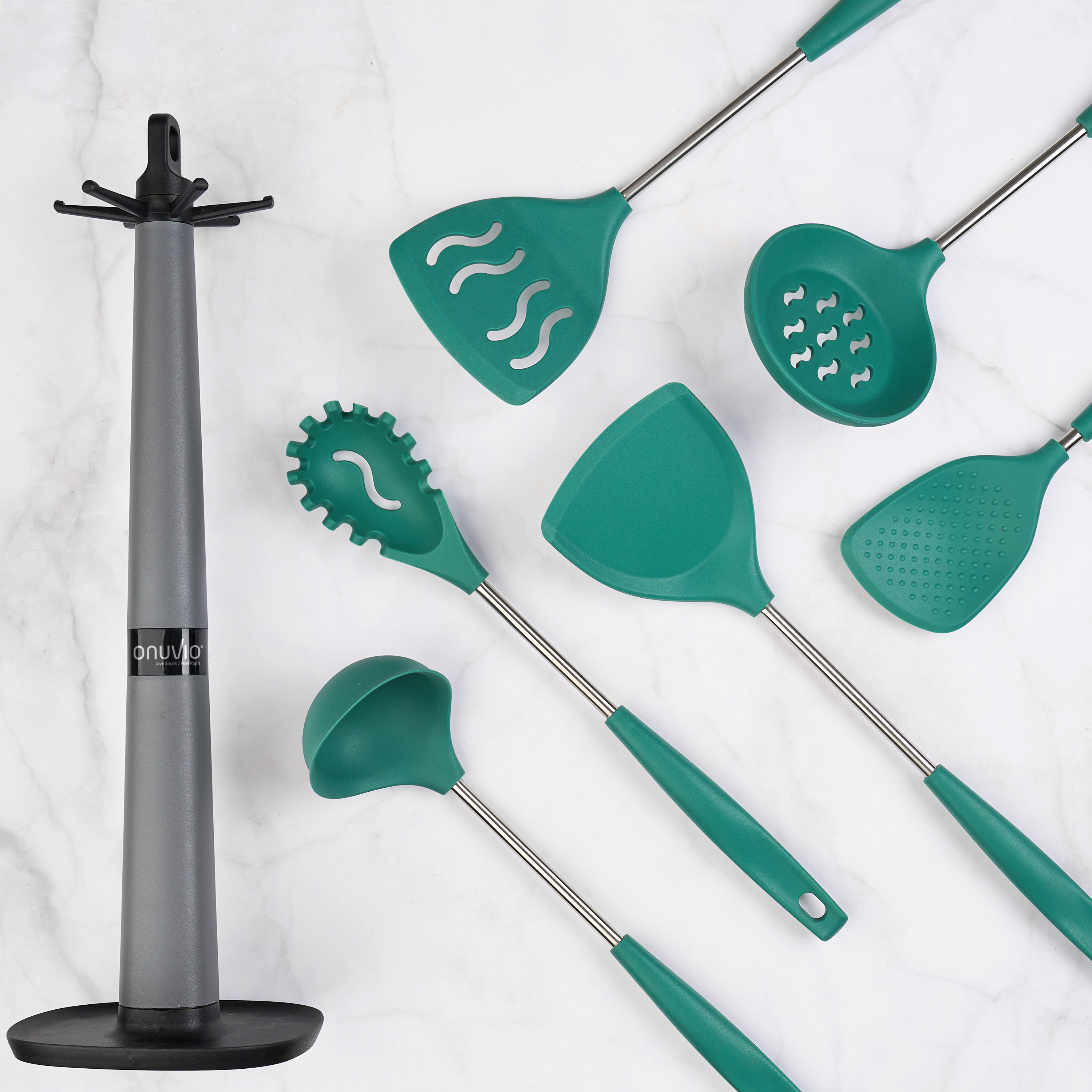 Set 6 ustensile bucătărie din silicon cu suport de blat tip cârlig – termorezistente, antiaderente și fără bpa, onuvio® - verde