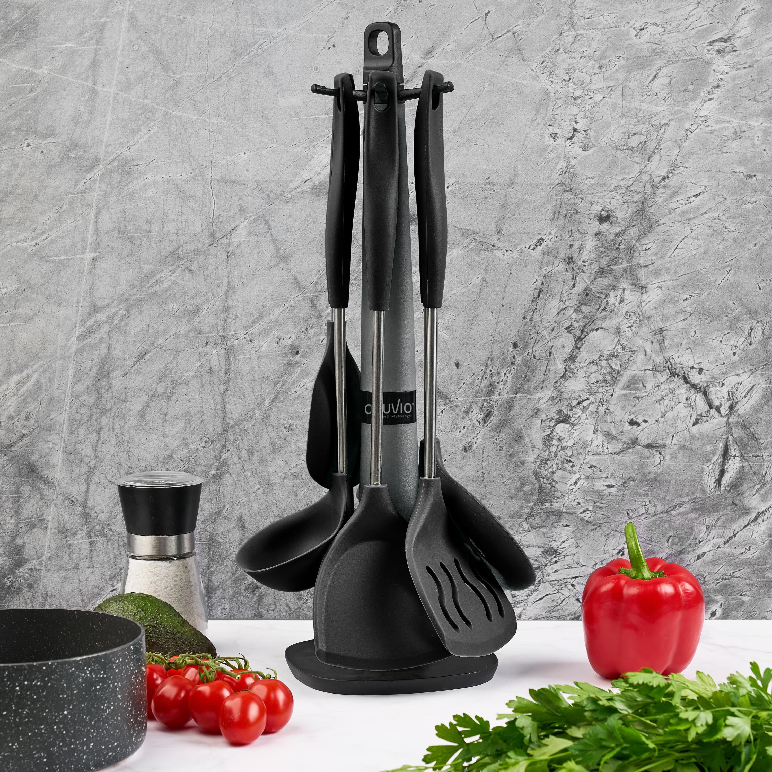 Set 6 ustensile bucătărie din silicon cu suport de blat tip cârlig – termorezistente, antiaderente și fără bpa, onuvio® - negru