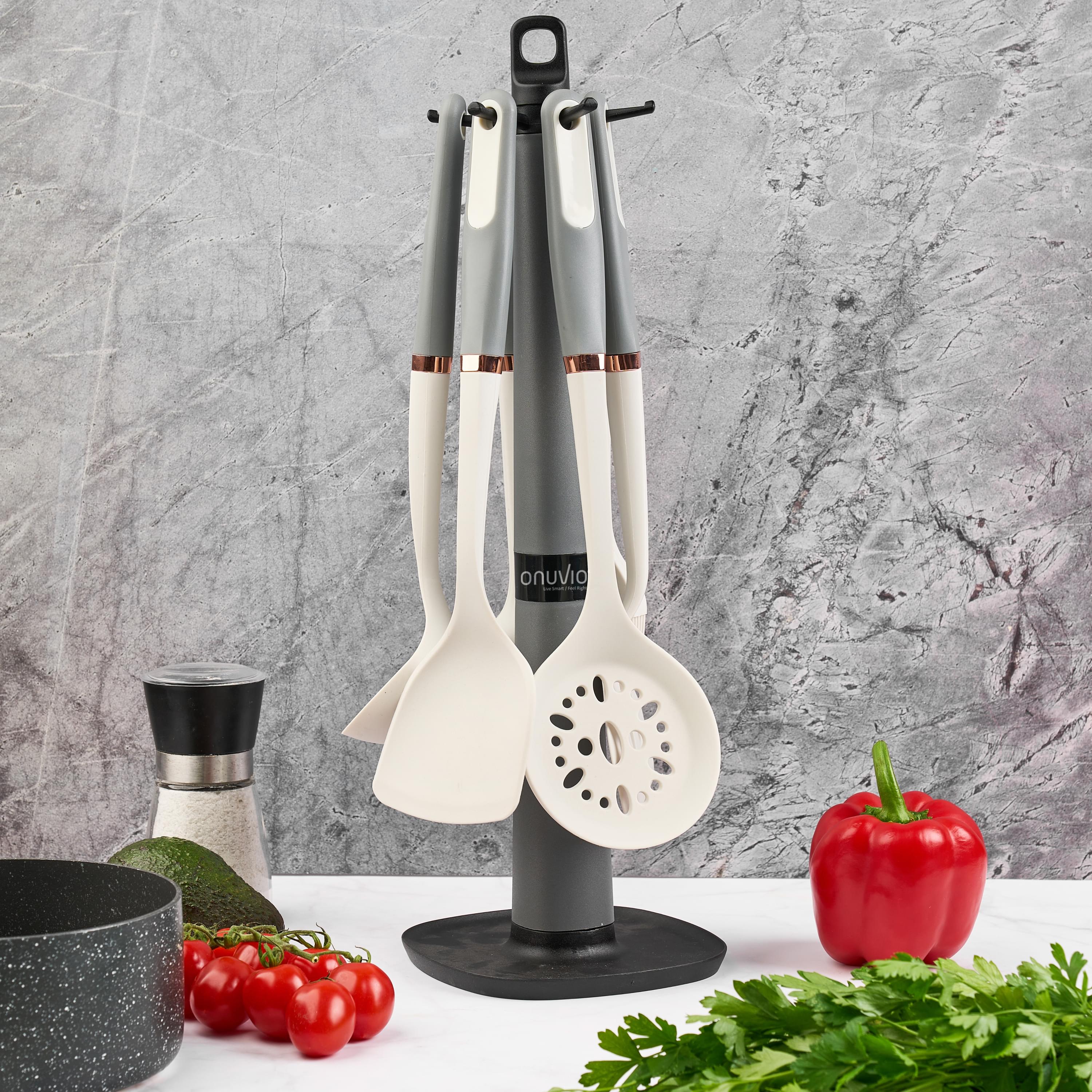 Set 6 ustensile bucătărie din silicon cu suport de blat tip cârlig – termorezistente, antiaderente și fără bpa, onuvio® - alb