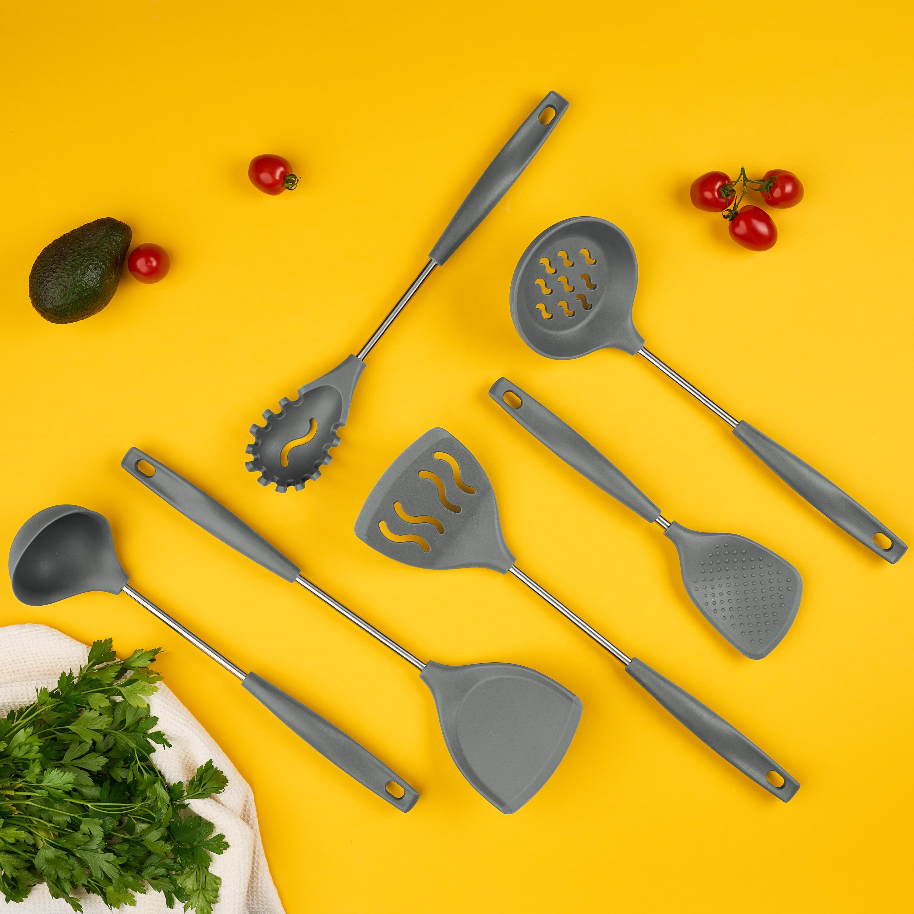 Set 6 ustensile bucătărie din silicon cu suport de blat tip cârlig – termorezistente, antiaderente și fără bpa, onuvio® - gri