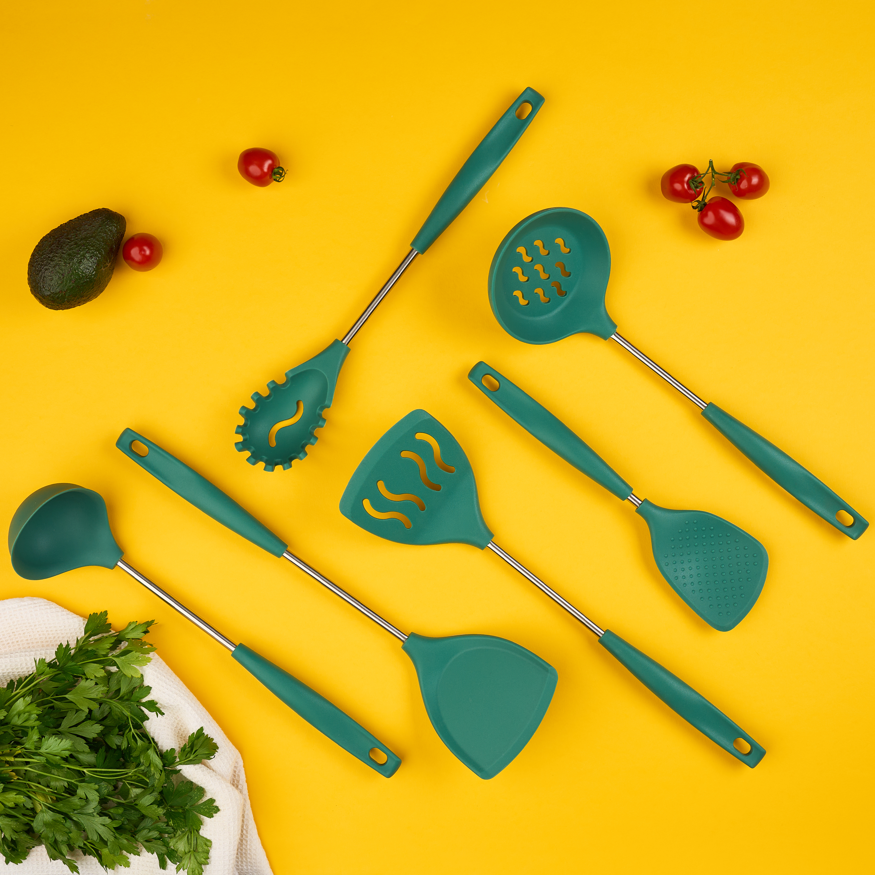 Set 6 ustensile bucătărie din silicon cu suport de blat tip cârlig – termorezistente, antiaderente și fără bpa, onuvio® - verde