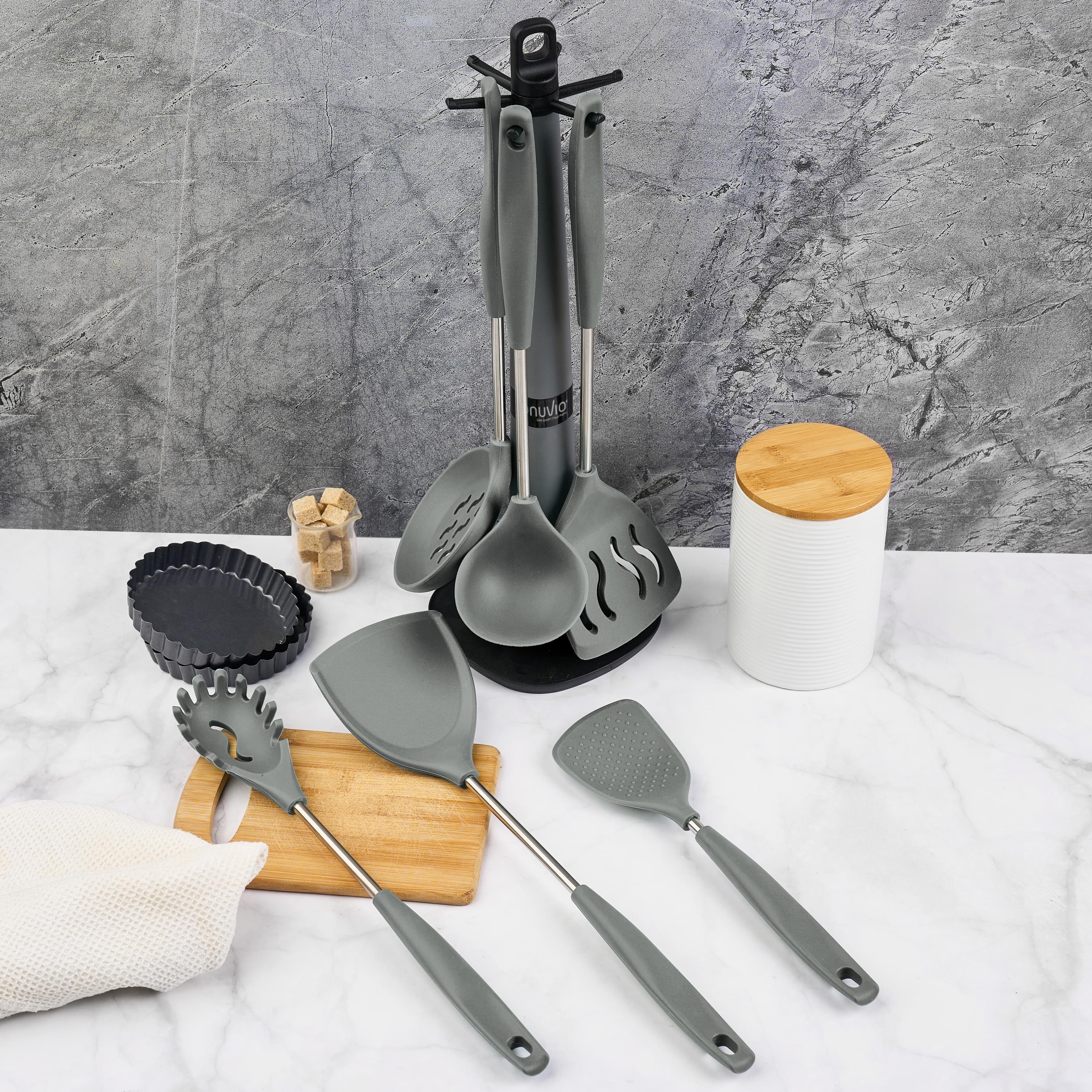 Set 6 ustensile bucătărie din silicon cu suport de blat tip cârlig – termorezistente, antiaderente și fără bpa, onuvio® - gri