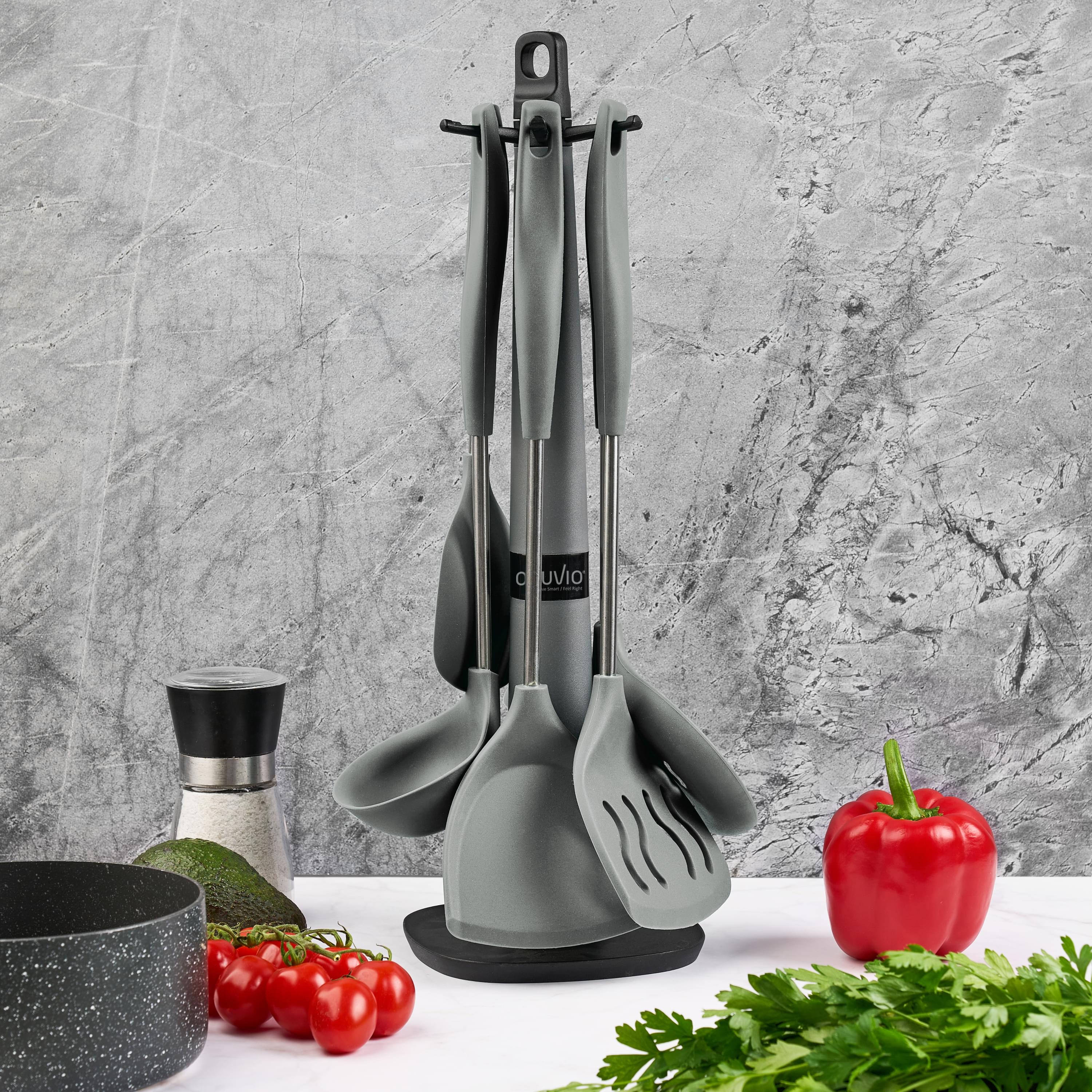 Set 6 ustensile bucătărie din silicon cu suport de blat tip cârlig – termorezistente, antiaderente și fără bpa, onuvio® - gri