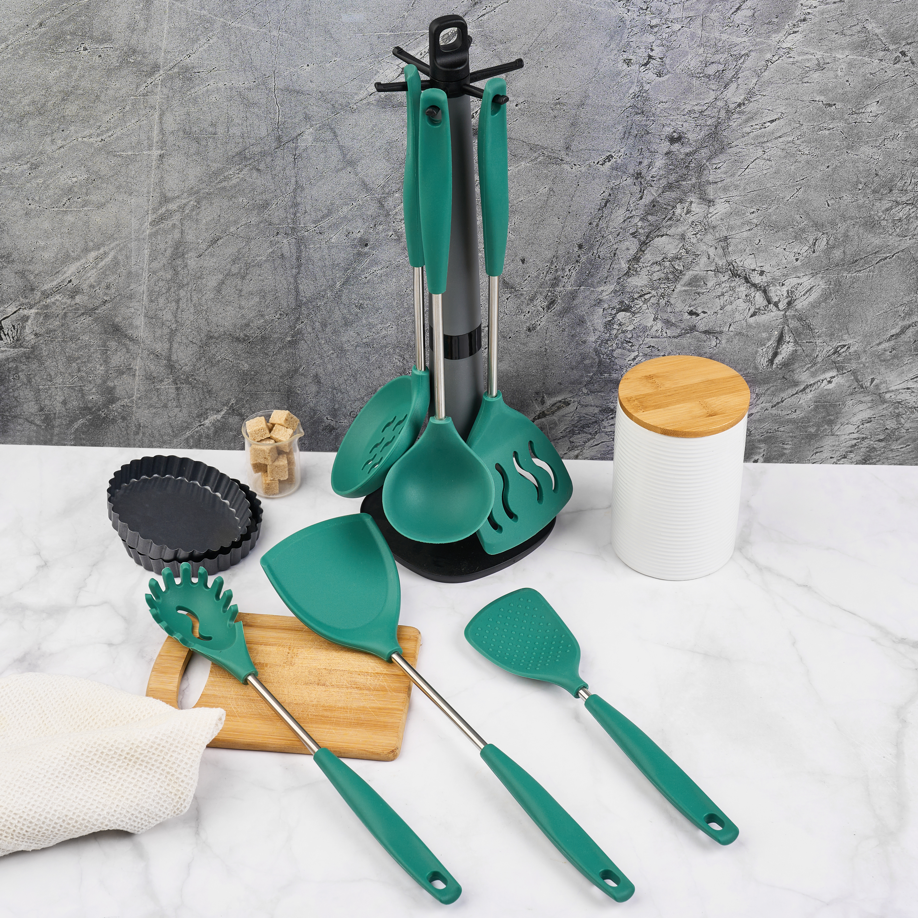 Set 6 ustensile bucătărie din silicon cu suport de blat tip cârlig – termorezistente, antiaderente și fără bpa, onuvio® - verde