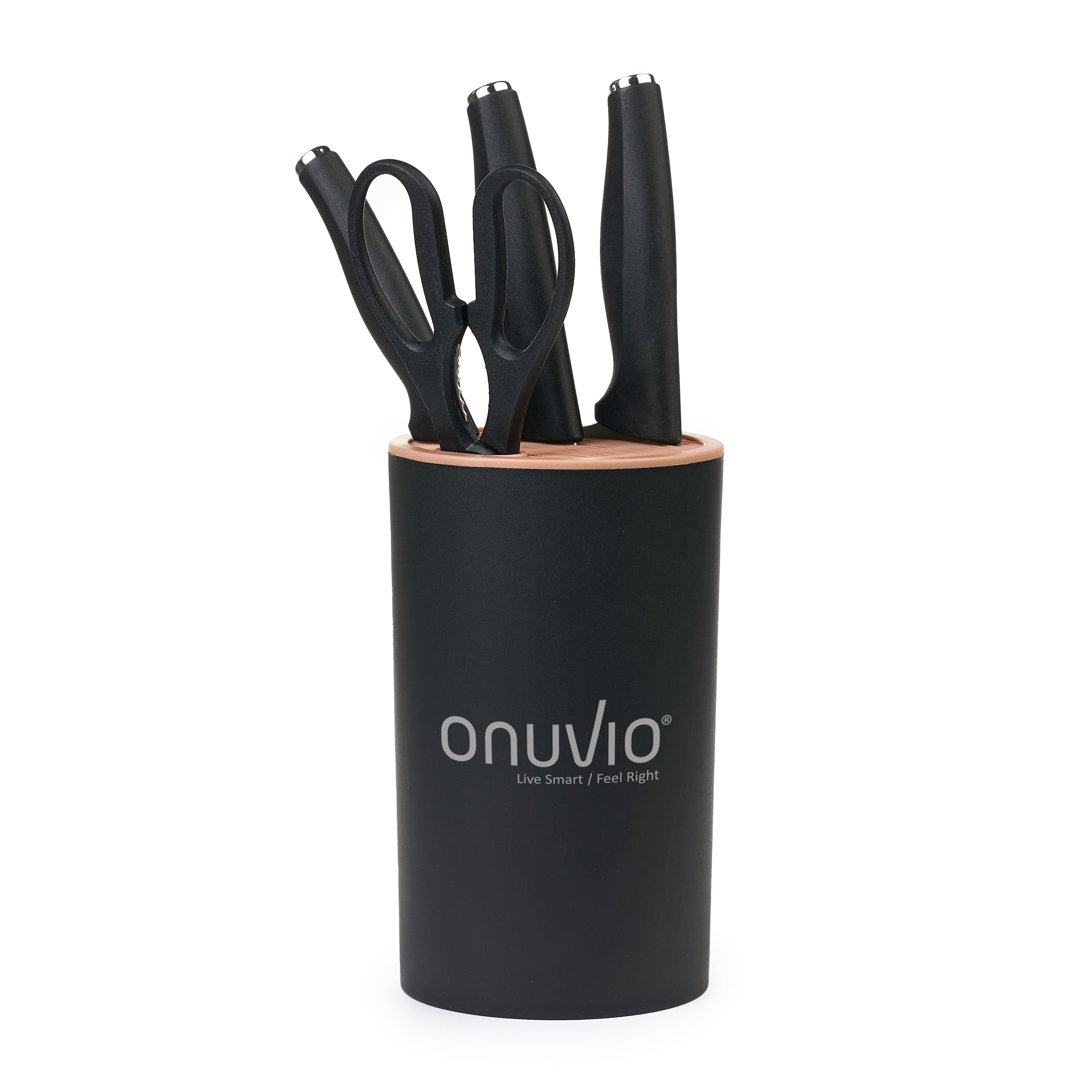 Set de cutite pentru bucatarie onuvio®, 5 piese pentru  folosire zilnica, foarfeca, cutit chef, cutit decojit, suport pentru blat, negru