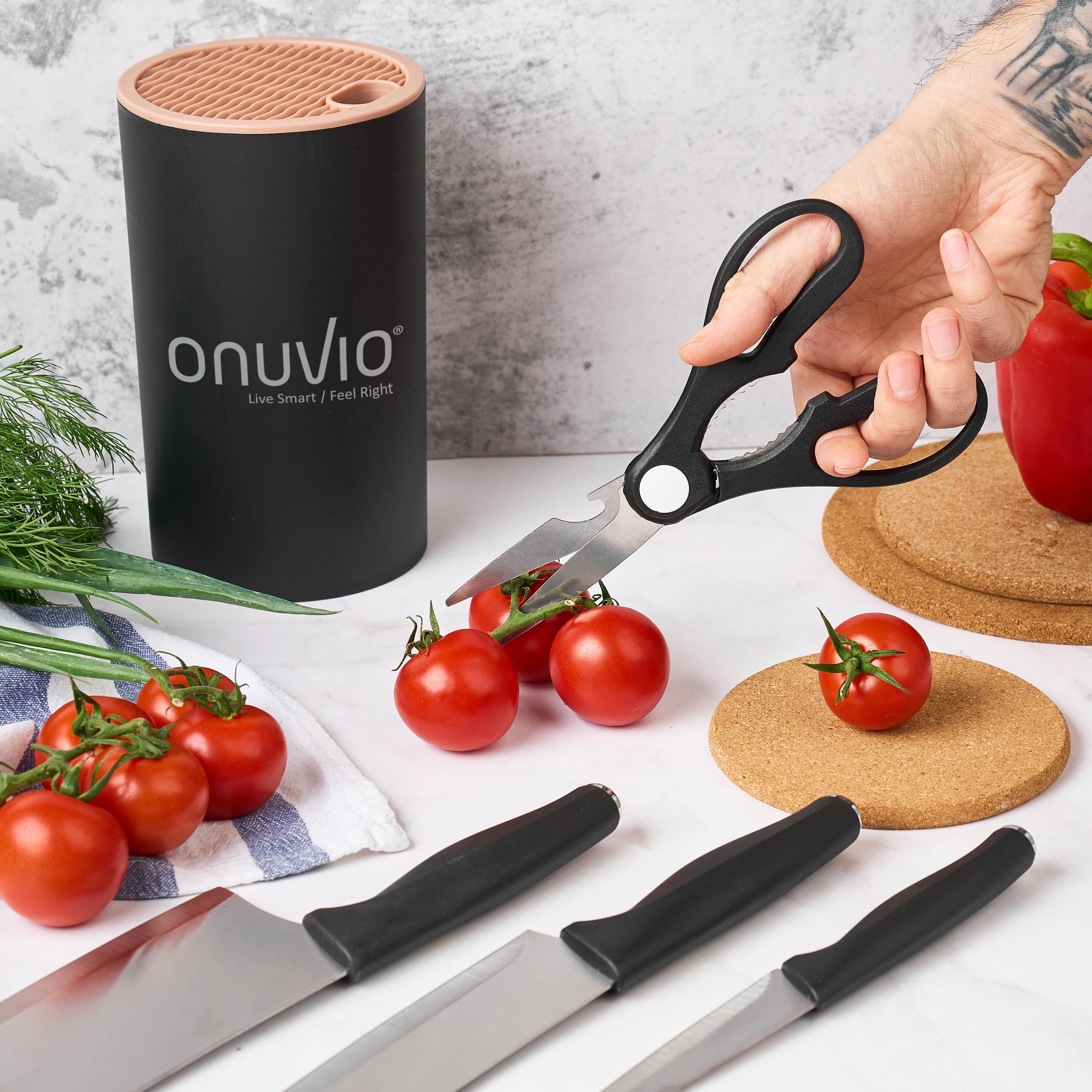 Set de cutite pentru bucatarie onuvio®, 5 piese pentru  folosire zilnica, foarfeca, cutit chef, cutit decojit, suport pentru blat, negru
