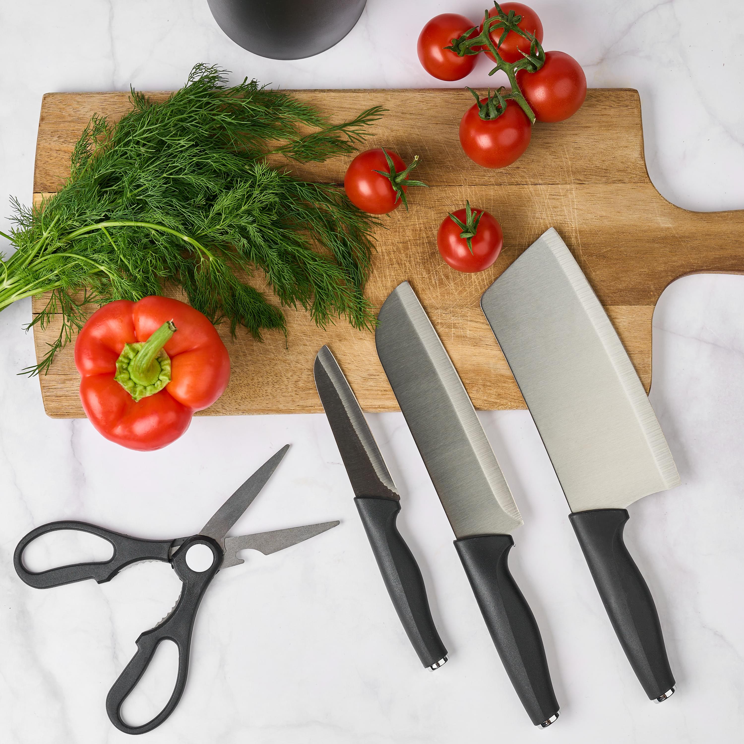 Set de cutite pentru bucatarie onuvio®, 5 piese pentru  folosire zilnica, foarfeca, cutit chef, cutit decojit, suport pentru blat, negru