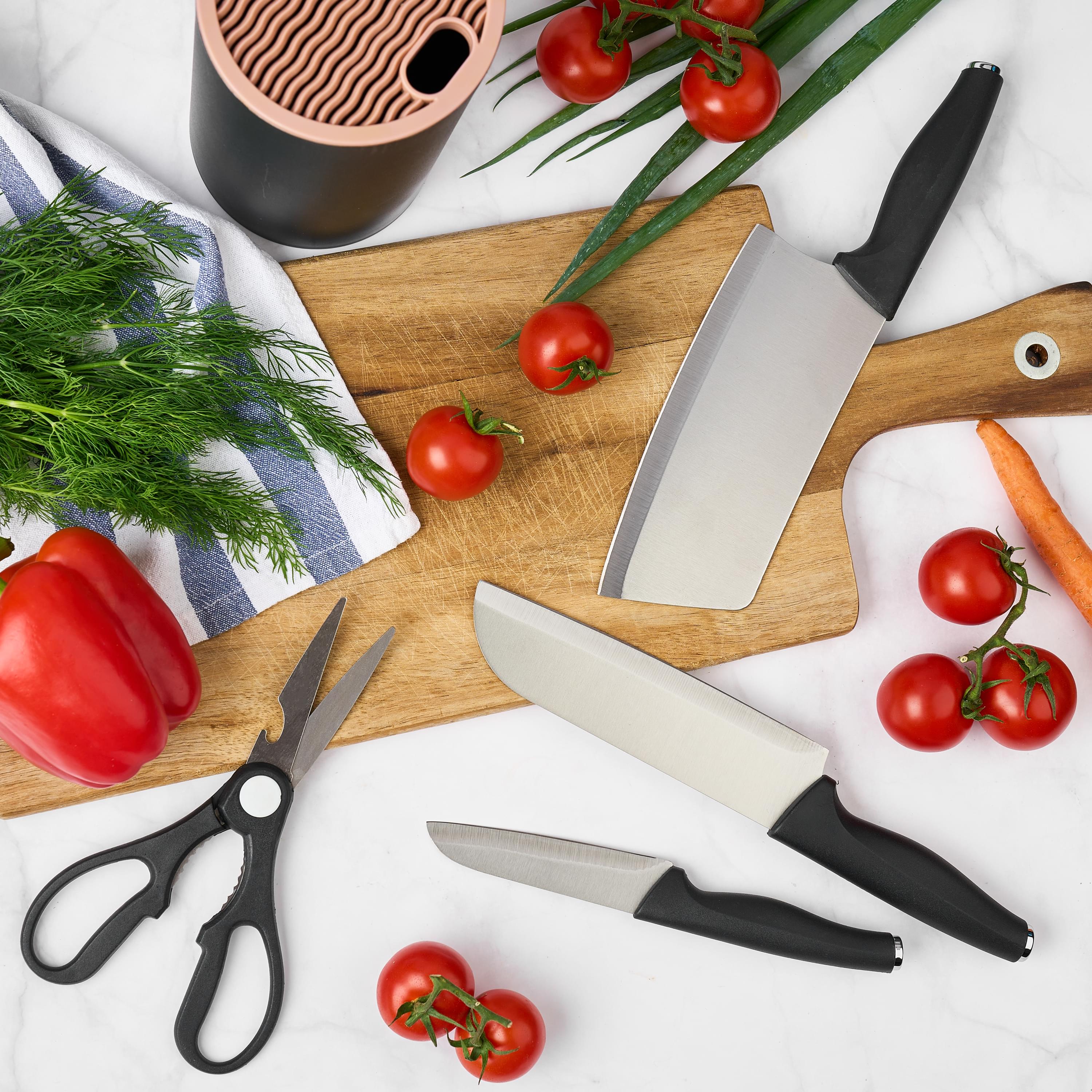 Set de cutite pentru bucatarie onuvio®, 5 piese pentru  folosire zilnica, foarfeca, cutit chef, cutit decojit, suport pentru blat, negru