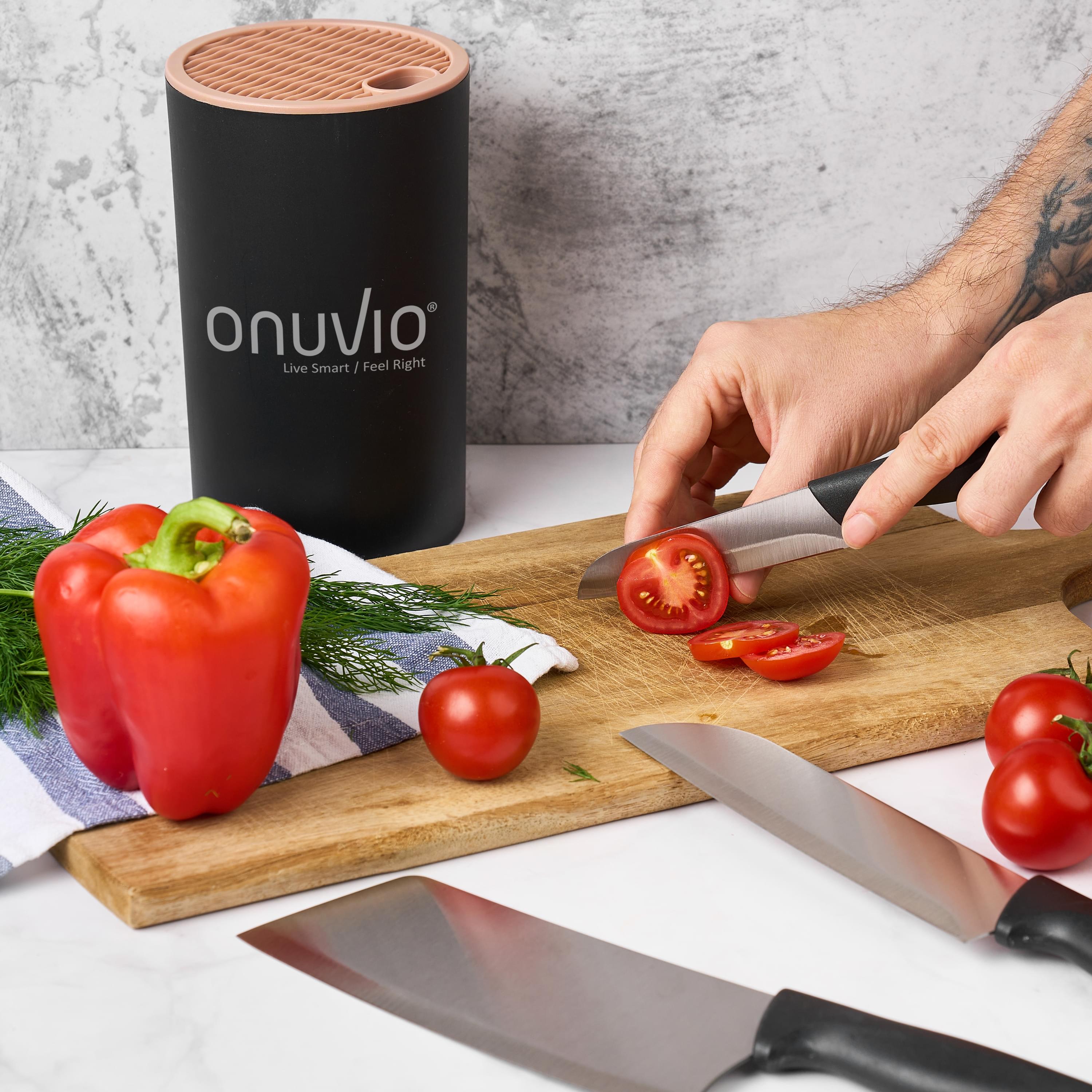 Set de cutite pentru bucatarie onuvio®, 5 piese pentru  folosire zilnica, foarfeca, cutit chef, cutit decojit, suport pentru blat, negru