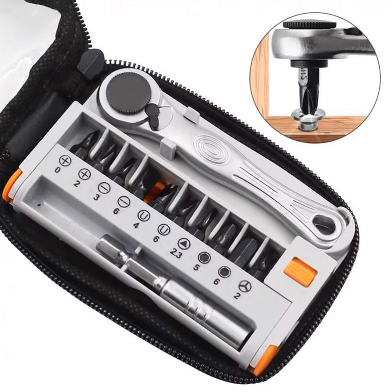 Trusa de scule onuvio® auto moto velo,portabila - cheie cu clichet reversibila si magnetica, 10 biti din chrome vanadium, prelungitor 60mm, husa centura - compacta si ideala pentru spatii inguste