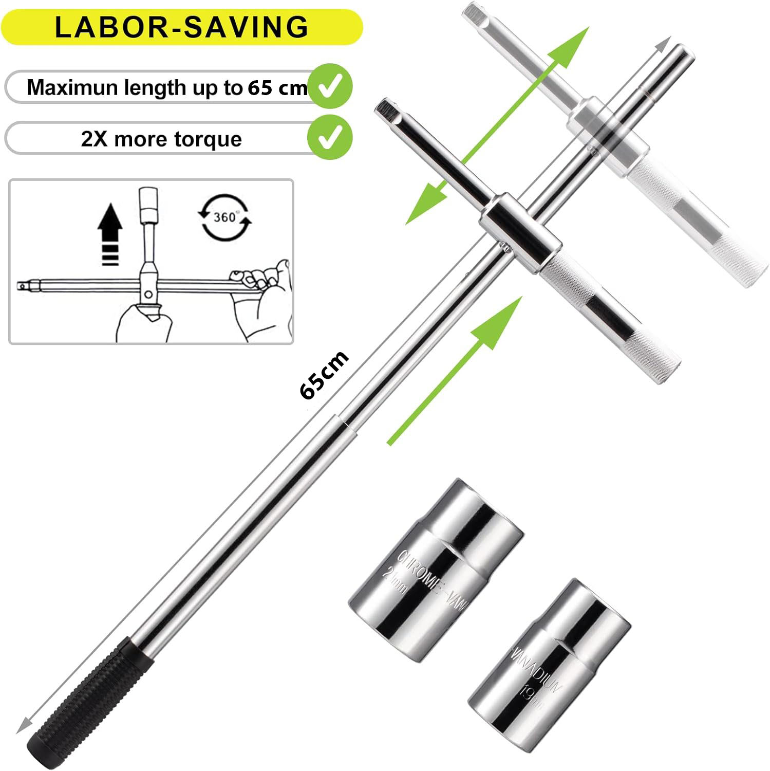 Coarba / cheie de roti universala onuvio cu set de tubulare si cutie transport pentru piulite de anvelope cu dimensiuni de 17/19 mm si 21/23 mm, parghie lunga, rezistenta si retractabila, ideala pentru inlocuirea anvelopelor la auto, furgonete