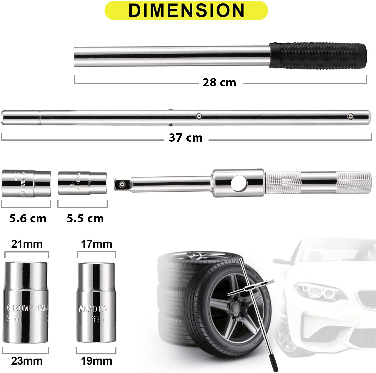 Coarba / cheie de roti universala onuvio cu set de tubulare si cutie transport pentru piulite de anvelope cu dimensiuni de 17/19 mm si 21/23 mm, parghie lunga, rezistenta si retractabila, ideala pentru inlocuirea anvelopelor la auto, furgonete