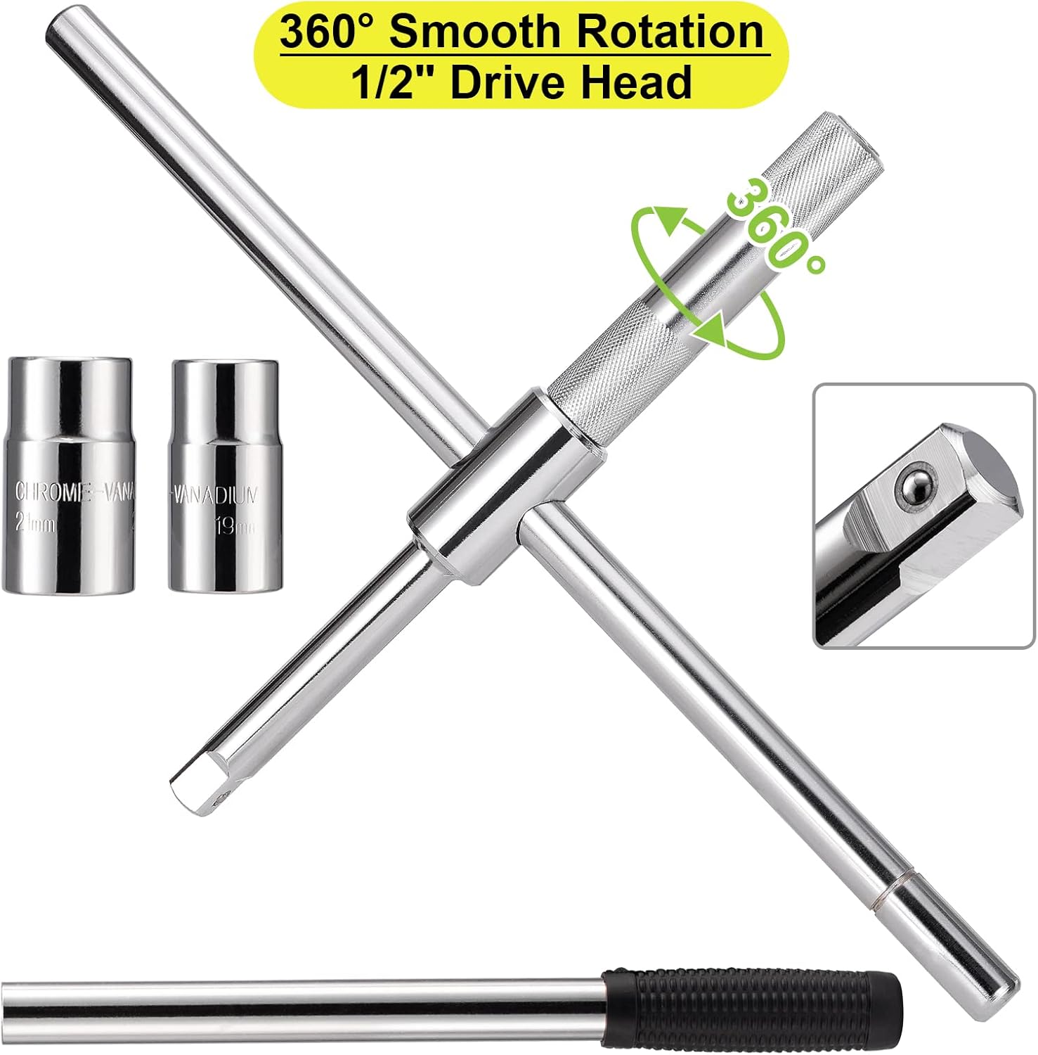 Coarba / cheie de roti universala onuvio cu set de tubulare si cutie transport pentru piulite de anvelope cu dimensiuni de 17/19 mm si 21/23 mm, parghie lunga, rezistenta si retractabila, ideala pentru inlocuirea anvelopelor la auto, furgonete