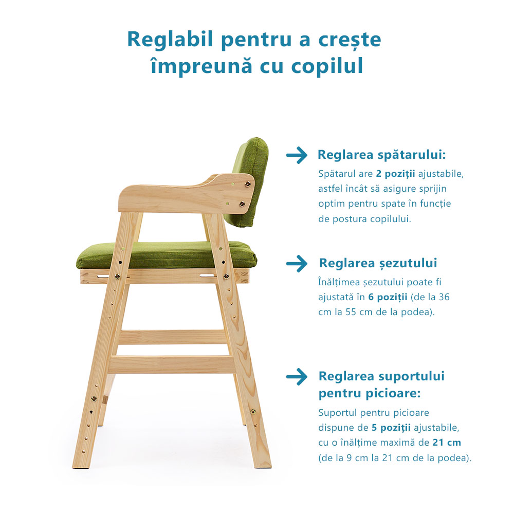 Scaun inalt din lemn onuvio®, reglabil pentru copii de la prescolari la adolescenti, cu trepte, scaun de masa pentru copii sau de studiu cu husa detasabila,