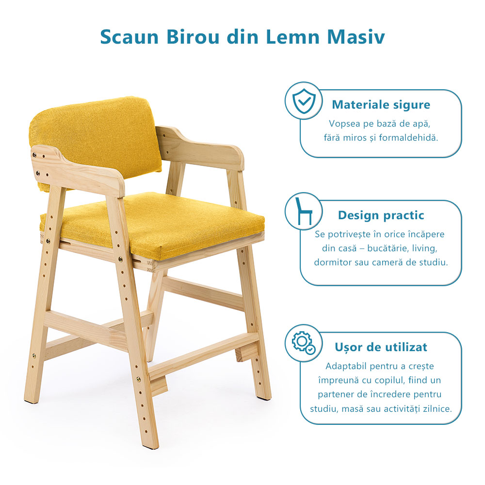 Scaun inalt din lemn onuvio®, reglabil pentru copii de la prescolari la adolescenti, cu trepte, scaun de masa pentru copii sau de studiu cu husa detasabila,