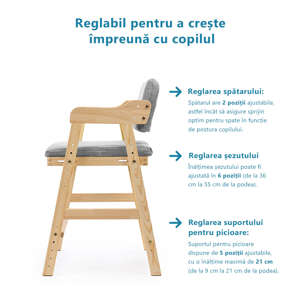 Scaun inalt din lemn onuvio®, reglabil pentru copii de la prescolari la adolescenti, cu trepte, scaun de masa pentru copii sau de studiu cu husa detasabila,