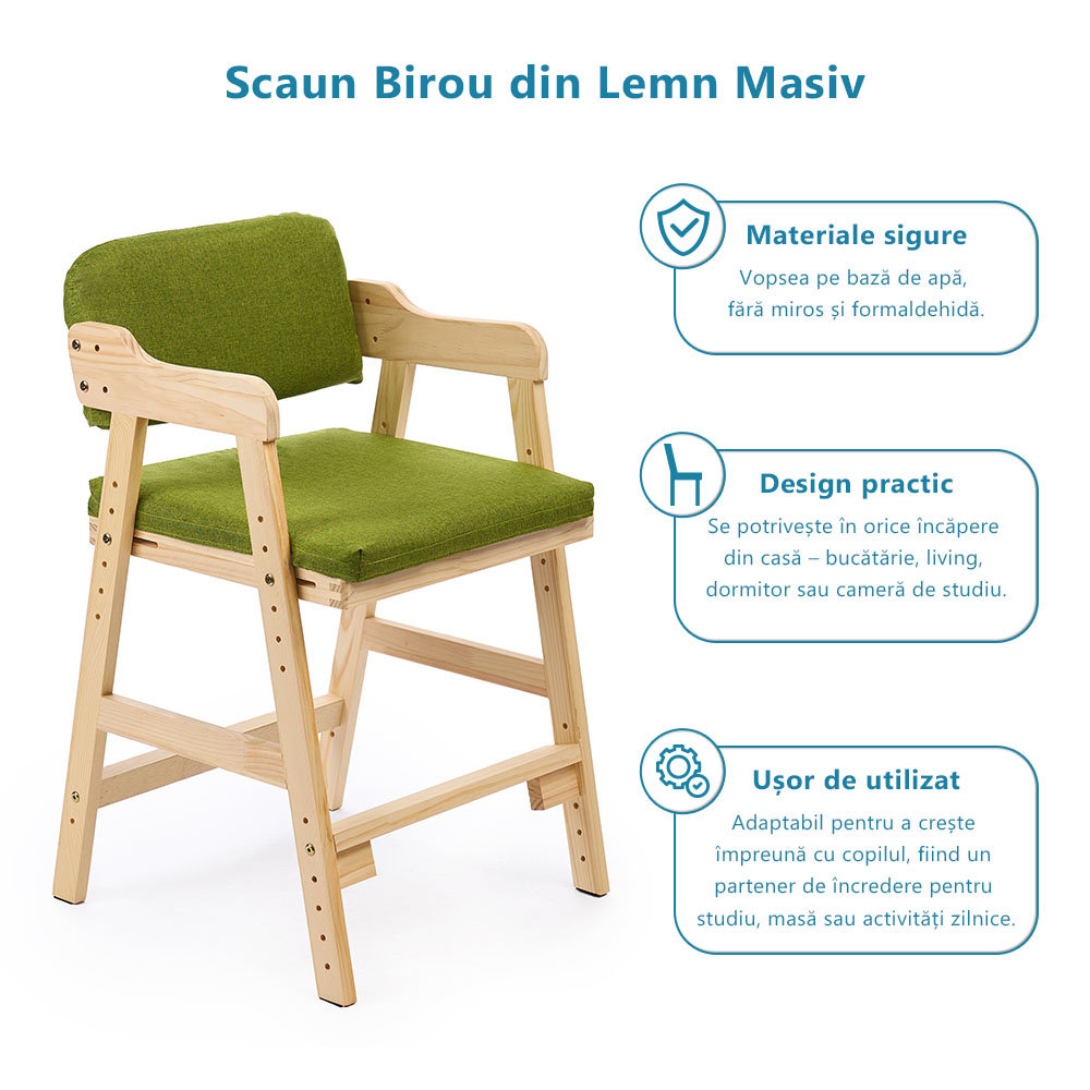 Scaun inalt din lemn onuvio®, reglabil pentru copii de la prescolari la adolescenti, cu trepte, scaun de masa pentru copii sau de studiu cu husa detasabila,