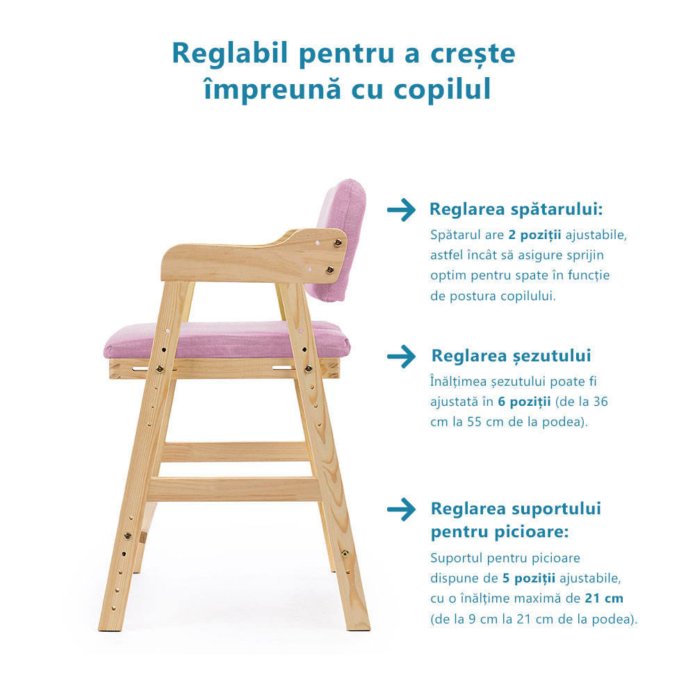 Scaun inalt din lemn onuvio®, reglabil pentru copii de la prescolari la adolescenti, cu trepte, scaun de masa pentru copii sau de studiu cu husa detasabila,