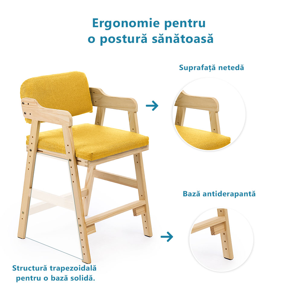 Scaun inalt din lemn onuvio®, reglabil pentru copii de la prescolari la adolescenti, cu trepte, scaun de masa pentru copii sau de studiu cu husa detasabila,