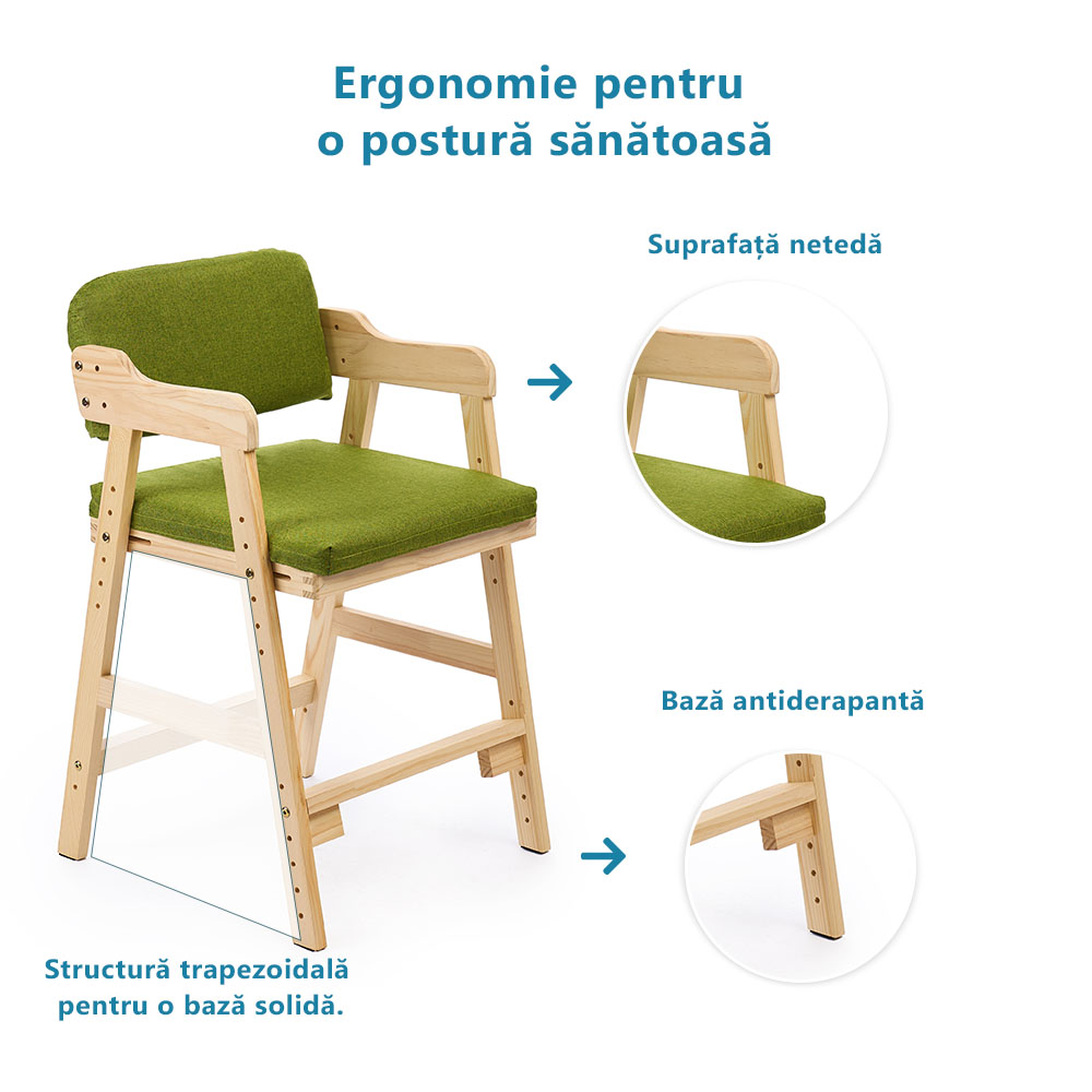 Scaun inalt din lemn onuvio®, reglabil pentru copii de la prescolari la adolescenti, cu trepte, scaun de masa pentru copii sau de studiu cu husa detasabila,
