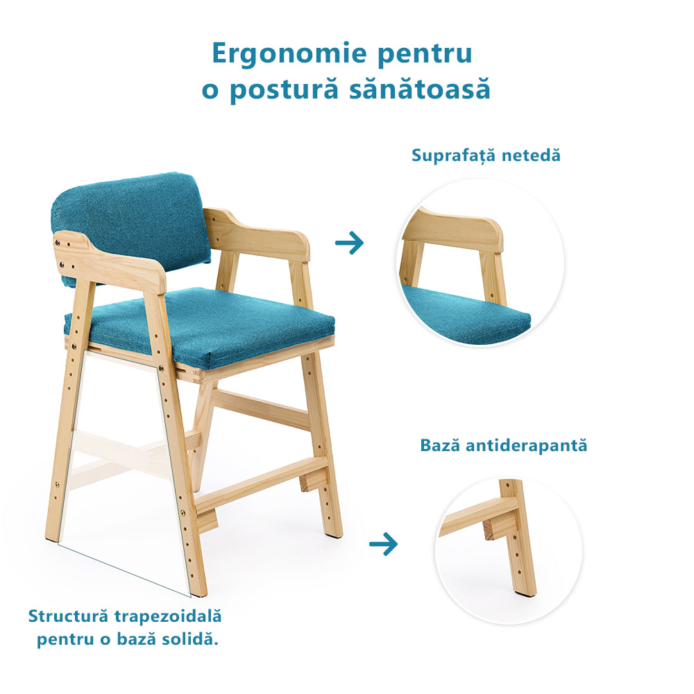 Scaun inalt din lemn onuvio®, reglabil pentru copii de la prescolari la adolescenti, cu trepte, scaun de masa pentru copii sau de studiu cu husa detasabila,
