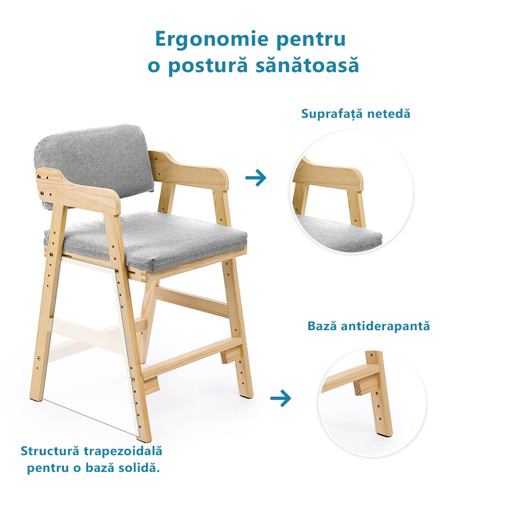 Scaun inalt din lemn onuvio®, reglabil pentru copii de la prescolari la adolescenti, cu trepte, scaun de masa pentru copii sau de studiu cu husa detasabila,