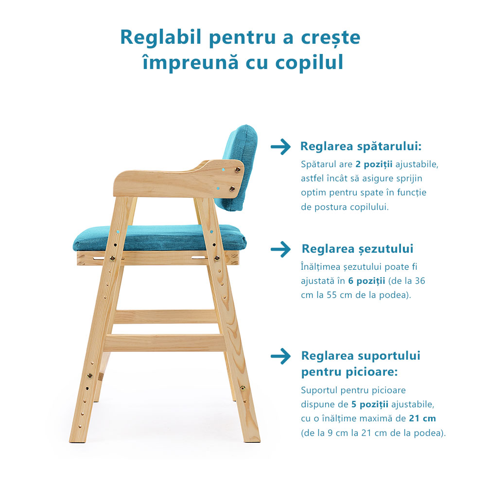 Scaun inalt din lemn onuvio®, reglabil pentru copii de la prescolari la adolescenti, cu trepte, scaun de masa pentru copii sau de studiu cu husa detasabila,