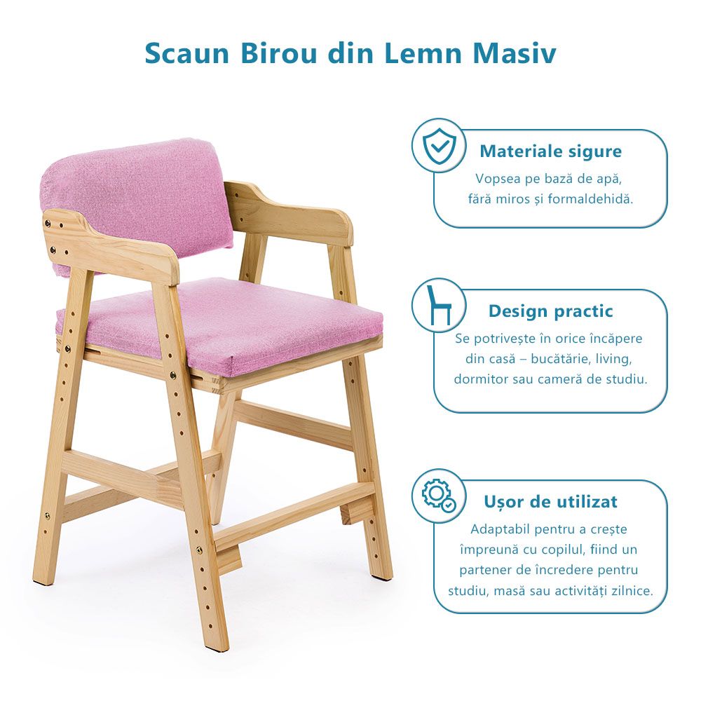 Scaun inalt din lemn onuvio®, reglabil pentru copii de la prescolari la adolescenti, cu trepte, scaun de masa pentru copii sau de studiu cu husa detasabila,