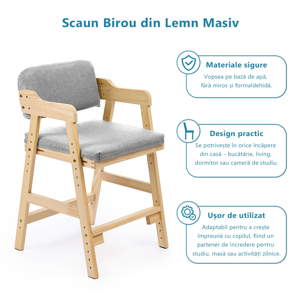 Scaun inalt din lemn onuvio®, reglabil pentru copii de la prescolari la adolescenti, cu trepte, scaun de masa pentru copii sau de studiu cu husa detasabila,