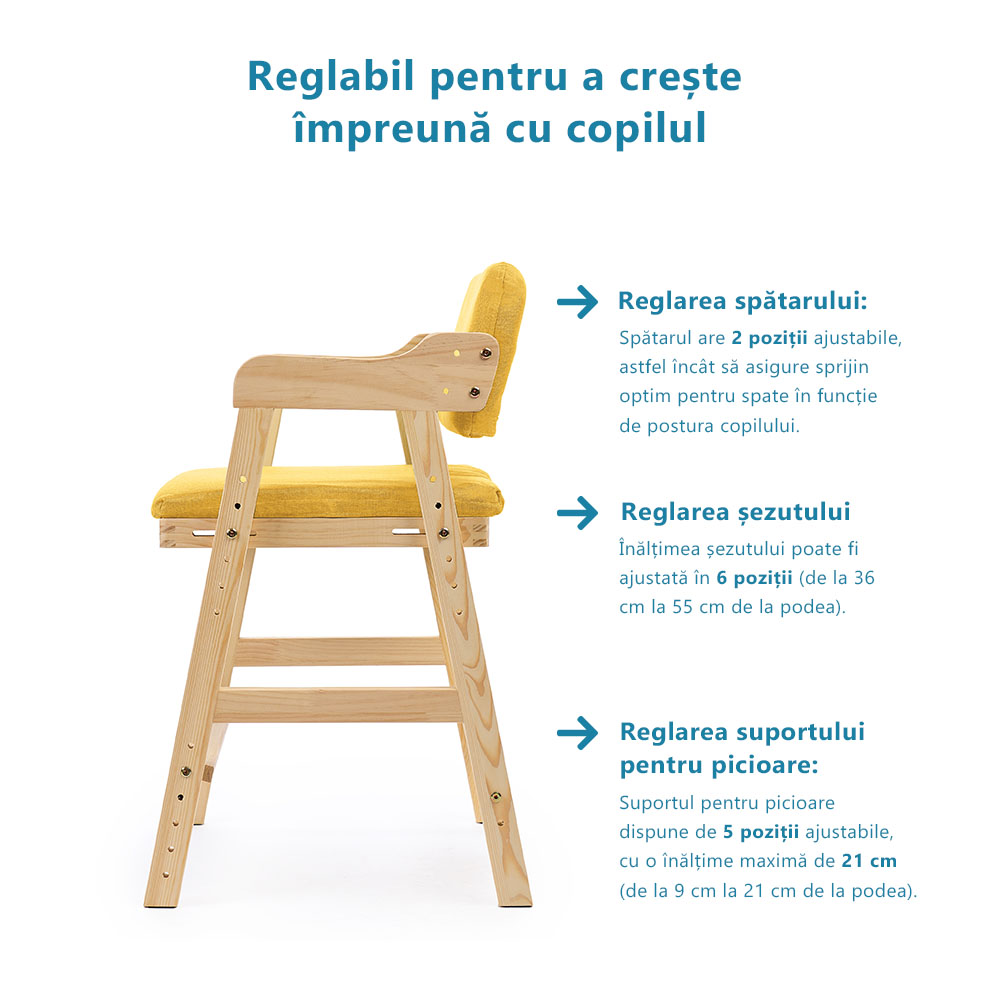 Scaun inalt din lemn onuvio®, reglabil pentru copii de la prescolari la adolescenti, cu trepte, scaun de masa pentru copii sau de studiu cu husa detasabila,