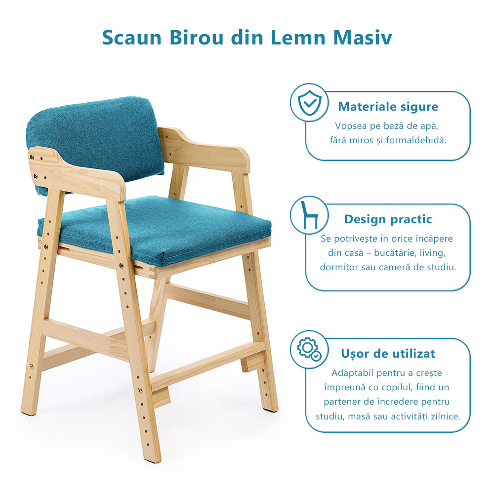 Scaun inalt din lemn onuvio®, reglabil pentru copii de la prescolari la adolescenti, cu trepte, scaun de masa pentru copii sau de studiu cu husa detasabila,